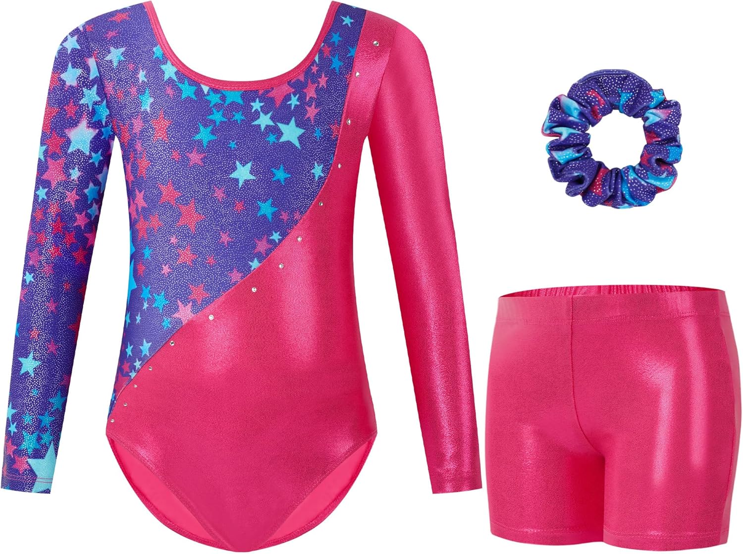 Thumbnail 5 de Gogokids Girls Three-Piece Gymnastics Leotards Set (Long Sleeve, Shorts & Hairband) with Gradient Sequin Design