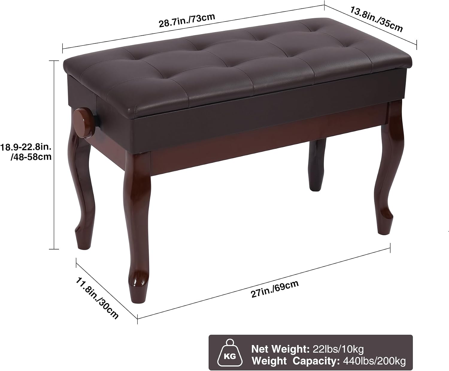 Detalle de ALAPUR 18470 Adjustable Duet Piano Bench with Storage, Brown PU Leather