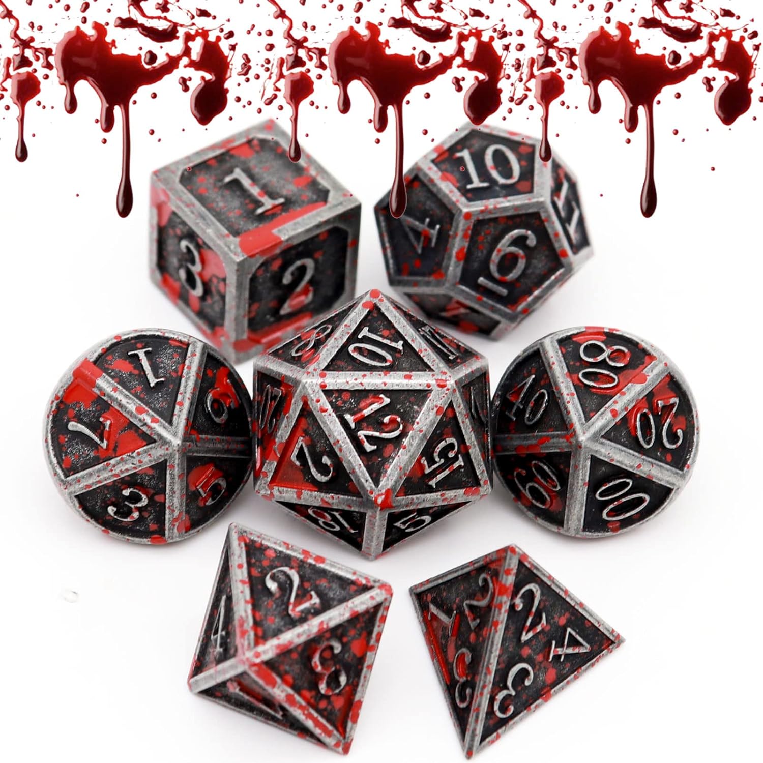 Detalle de Haxtec Bloodstained Metal DND Dice Set (7 pcs) with Leather Dice Bag