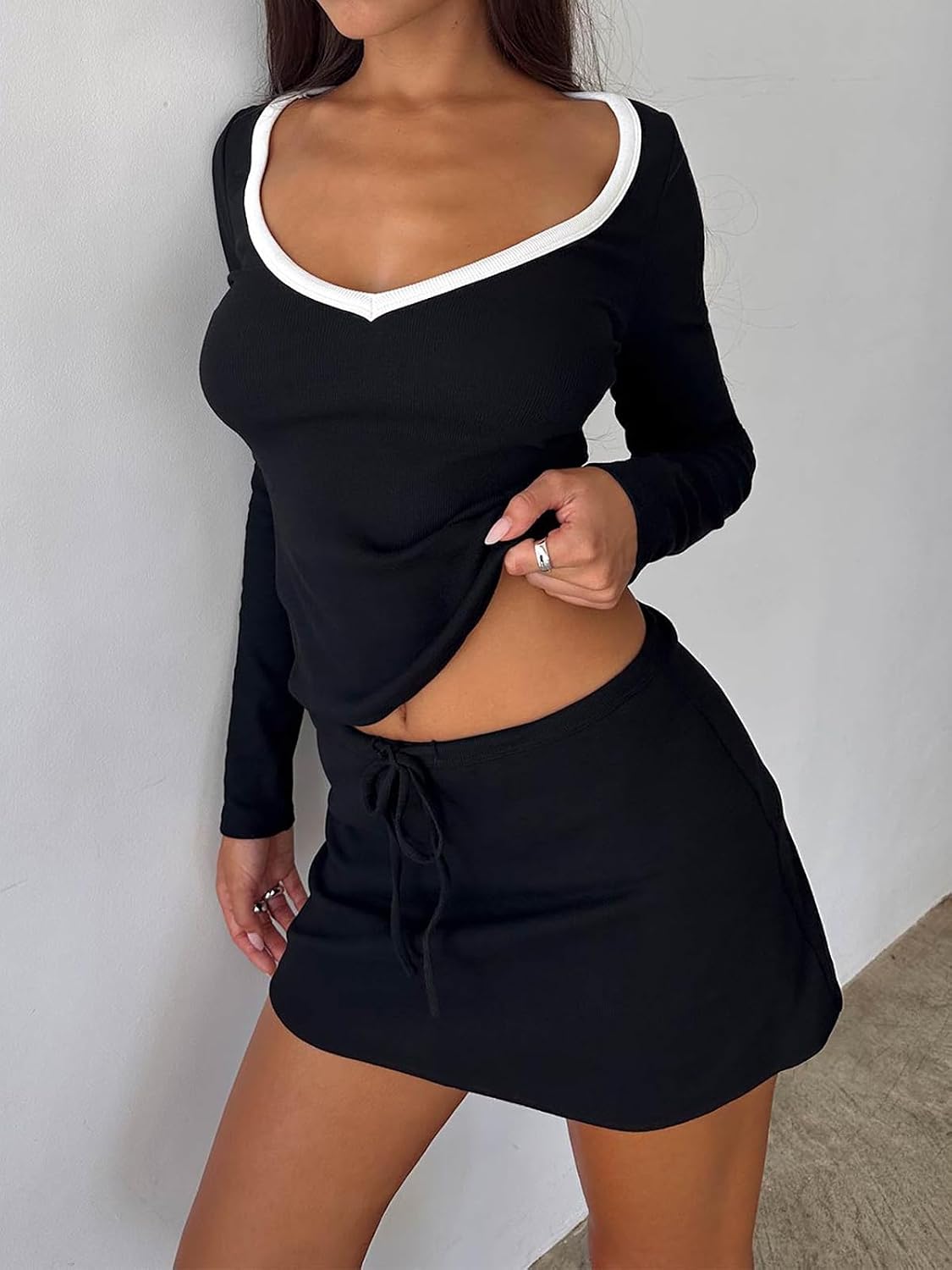 Detalle de Danysu Stretchy Mini Skort (Low Waist) with Shorts, Side Slit and Adjustable Drawstring