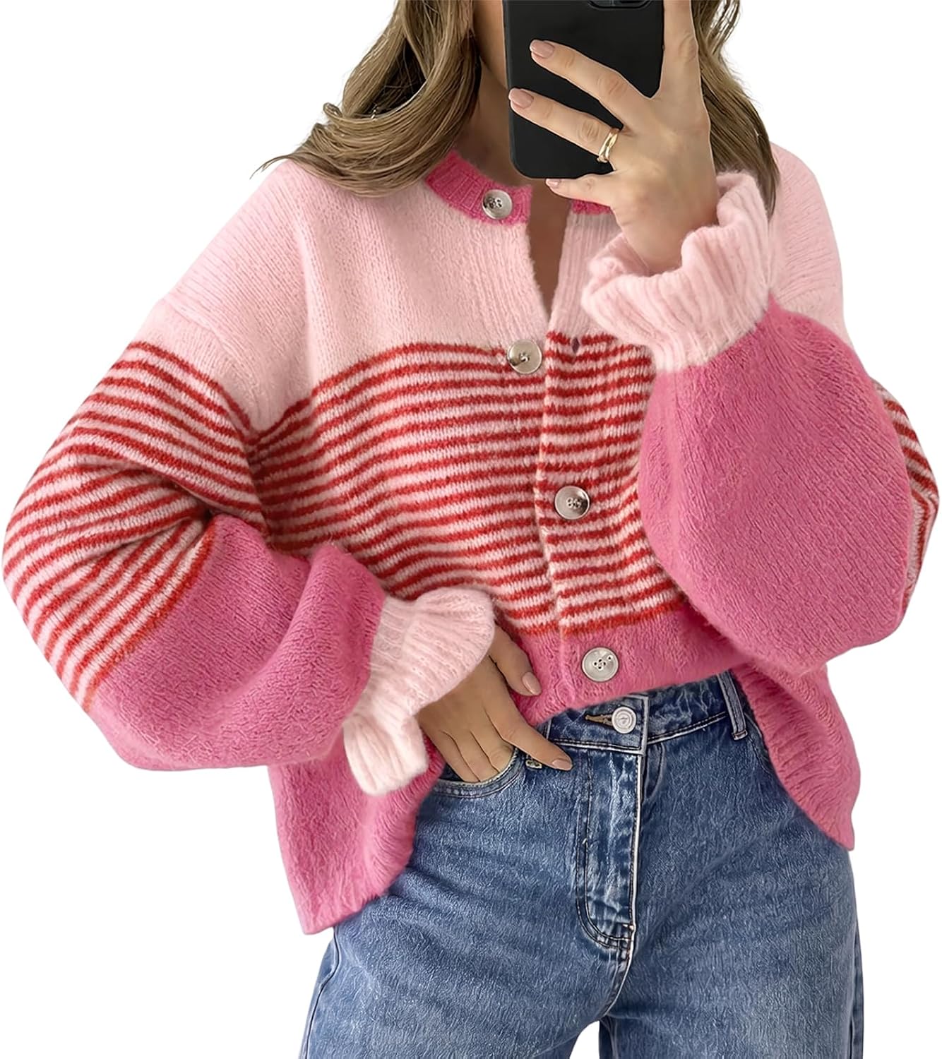 Detalle de Saodimallsu Striped Button-Front Cardigan with Color Blocking and Ruffle Cuffs
