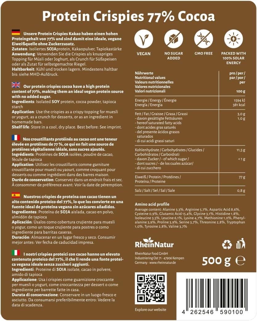 Detalle de RheinNatur soja-eiwitchips met cacao, 77% eiwit, 500 g