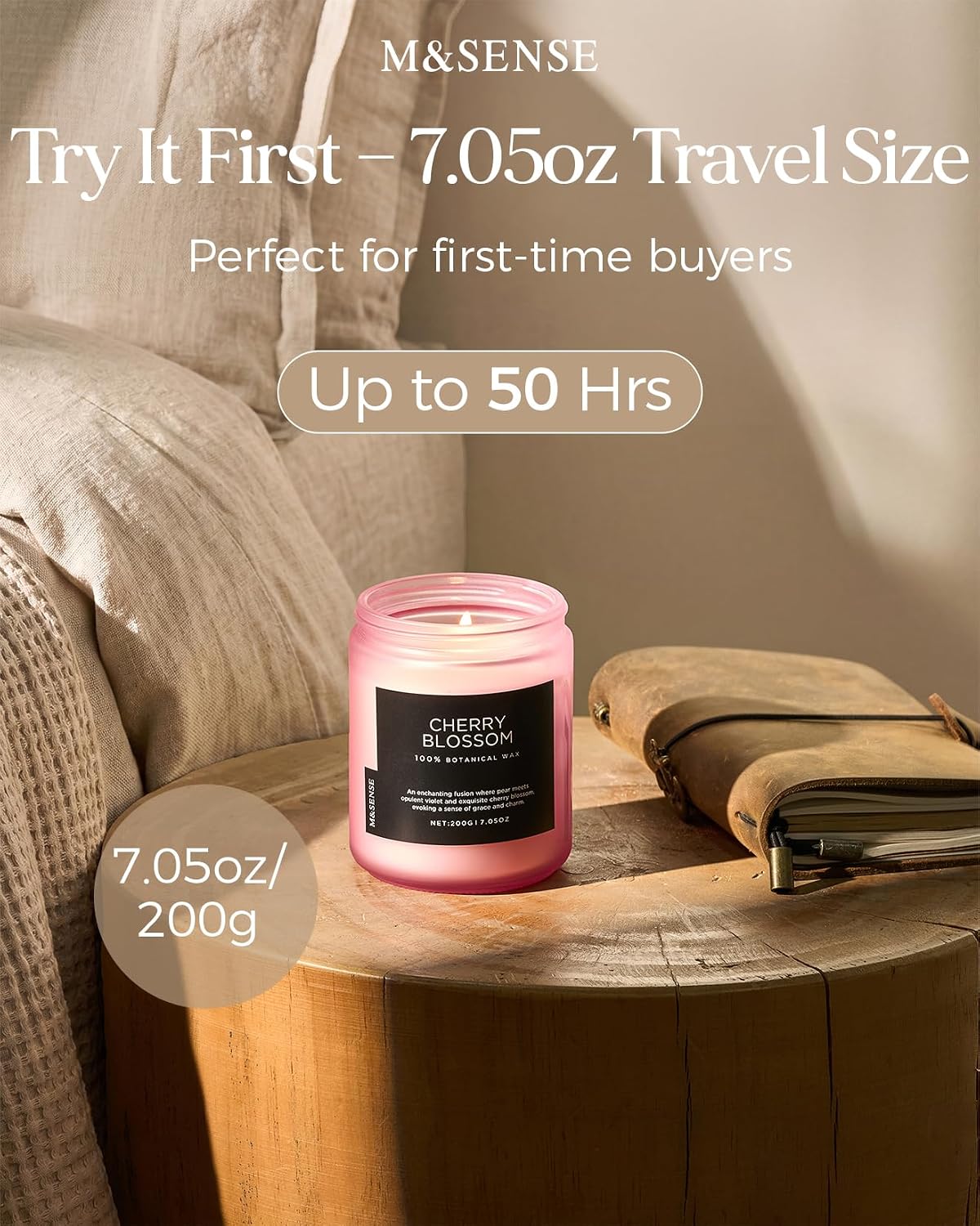Detalle de M&SENSE Cherry Blossom Soy Candle — 7.05oz, 50-Hour Clean Burn in Reusable Jar