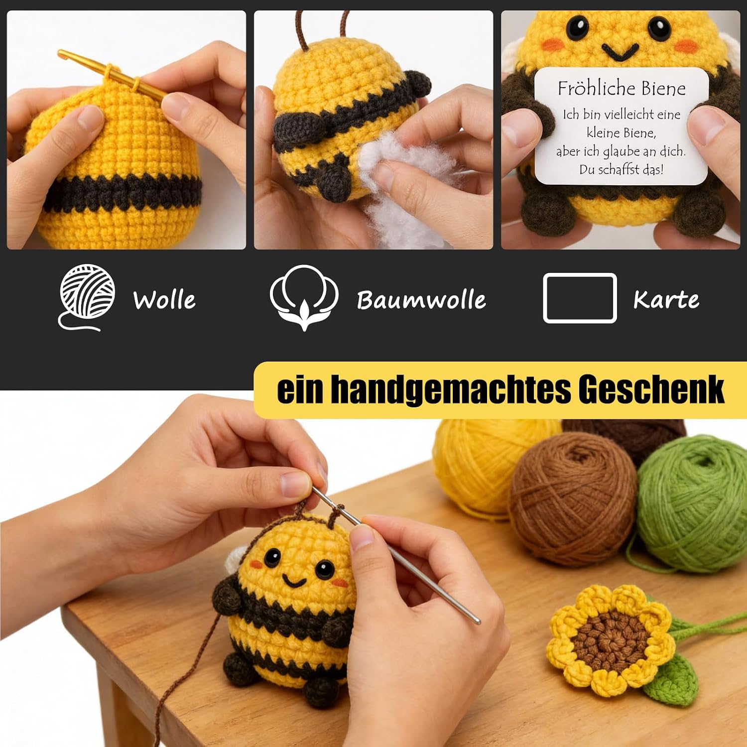 Thumbnail 2 de Tixlux Pocket Hug Fröhliche Biene mit Sonnenblumenstrauß – Strick-Dekofigur & Umarmungs-Glücksbringer