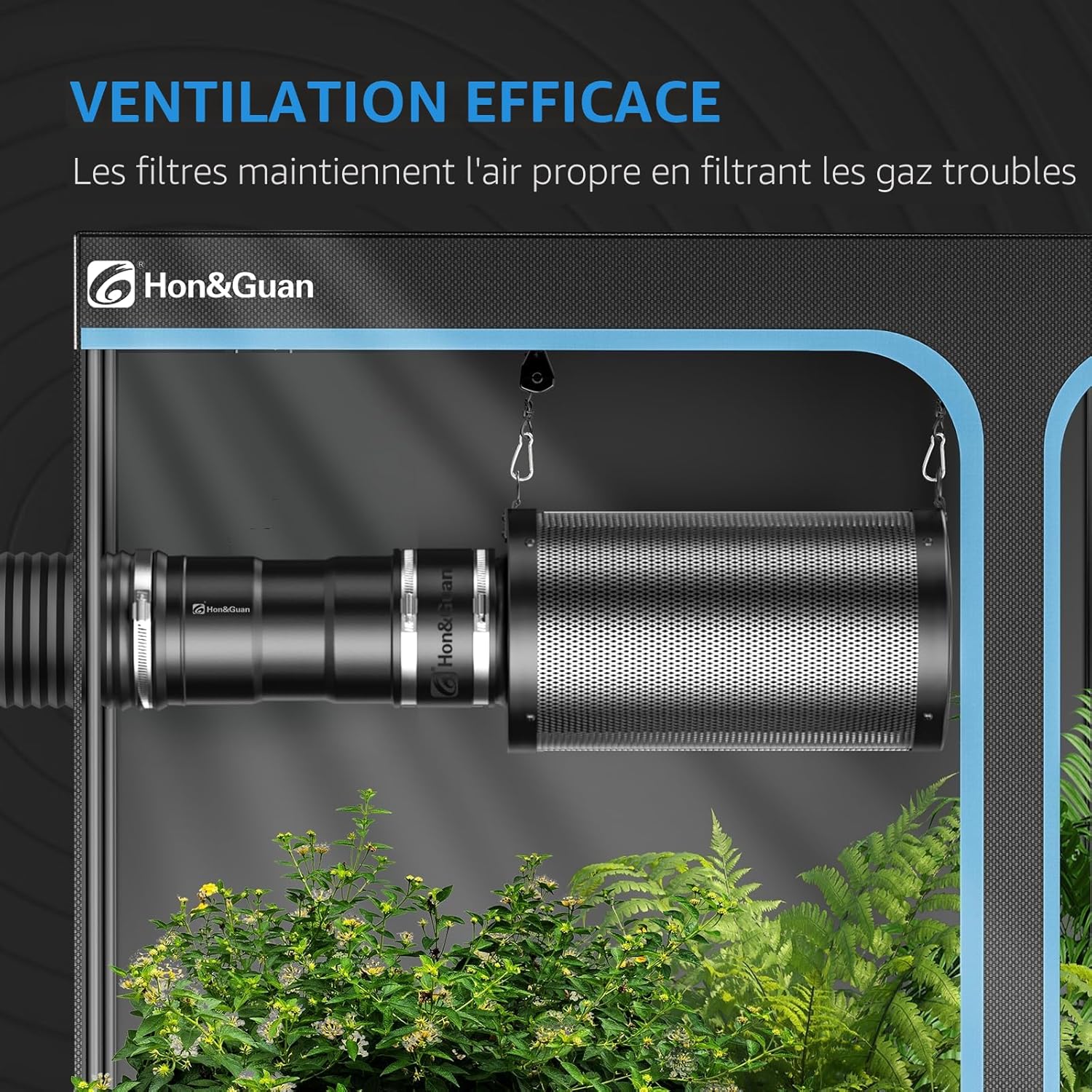 Detalle de Hon&Guan kit complet de ventilateur tubulaire en ligne 150 mm (587 m³/h) avec variateur et filtre à charbon actif