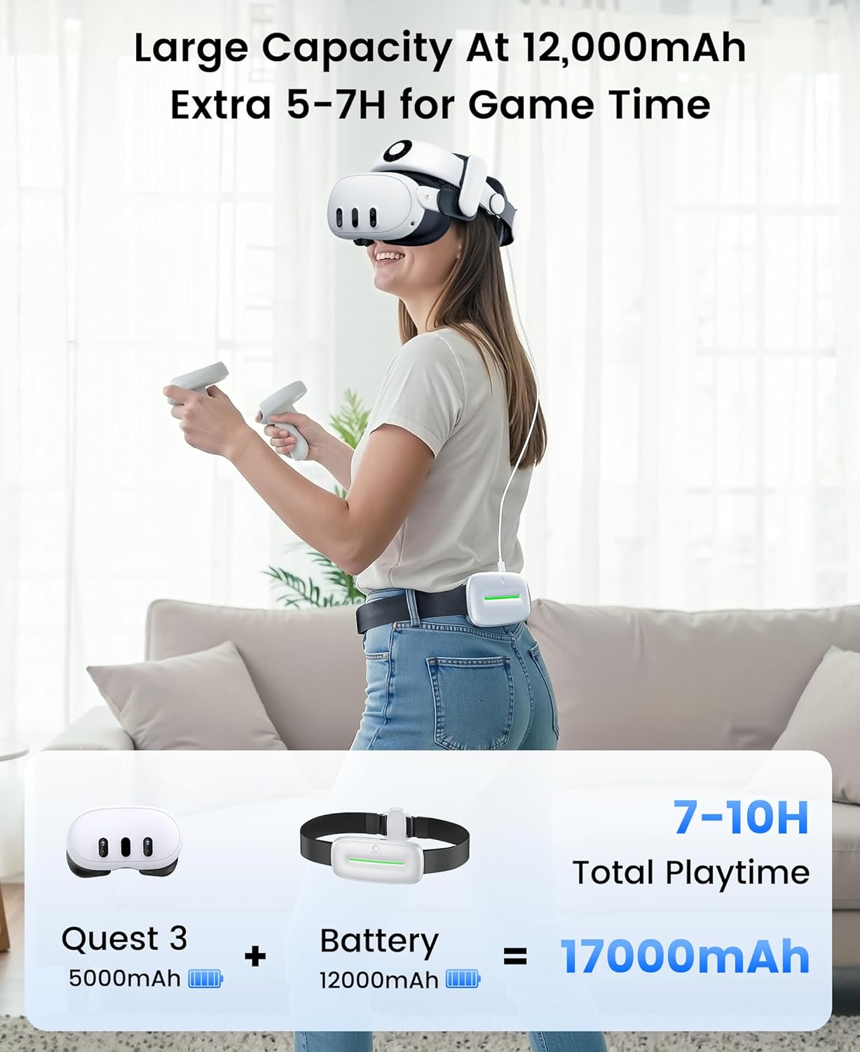 Detalle de Wearable 12000mAh Battery Pack for Meta Quest 2/3/3S — Waist-Worn Power Bank
