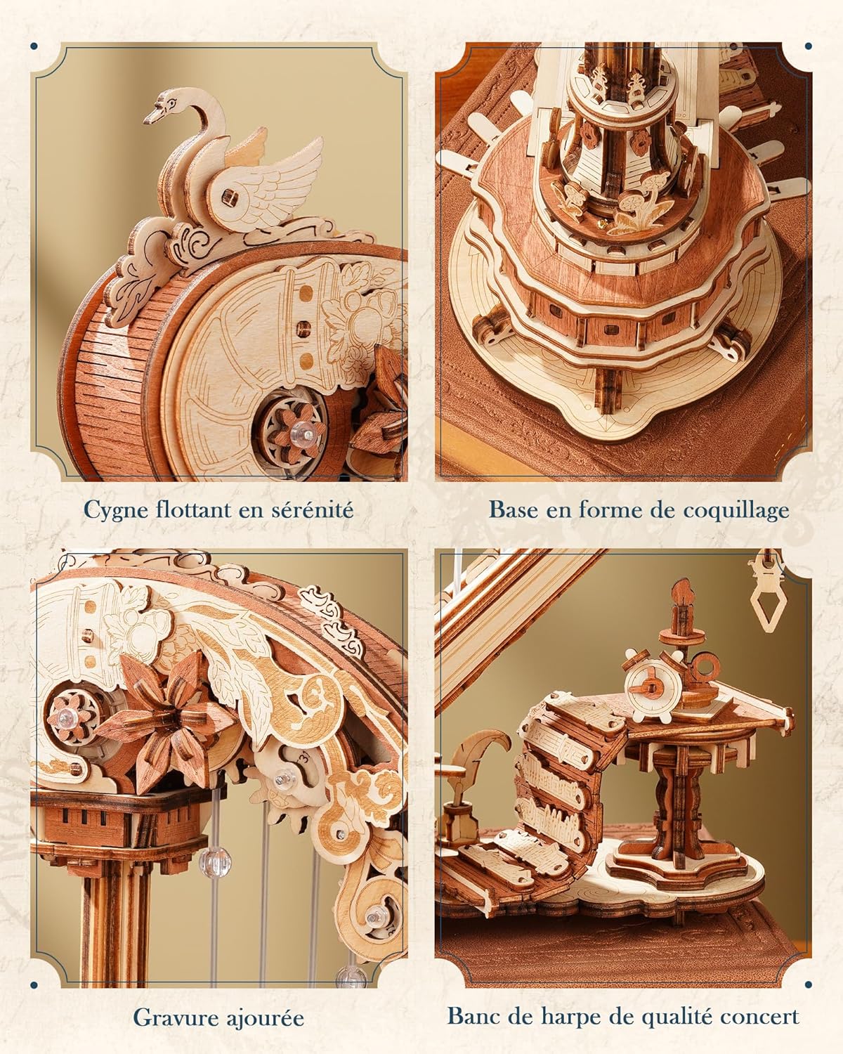 Detalle de ROKR Boîte à musique 3D en bois - Harpe magique : puzzle mécanique en bois pour adultes