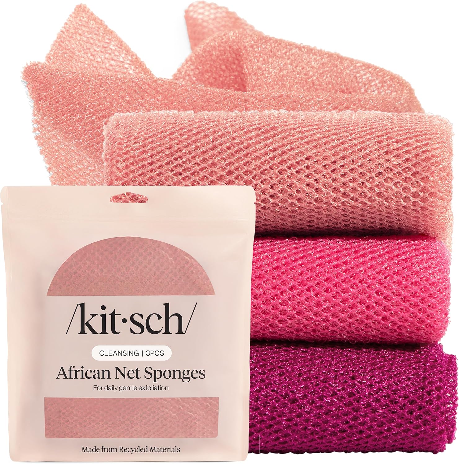 Kitsch African Net Sponge – Exfoliating Body Scrubber, 3-Piece Berry Pink