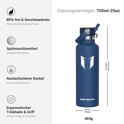 Detalle de Sparrow Trinkflasche Edelstahl 750 ml mit Strohhalm – FlipFlow Thermosflasche von Super Sparrow