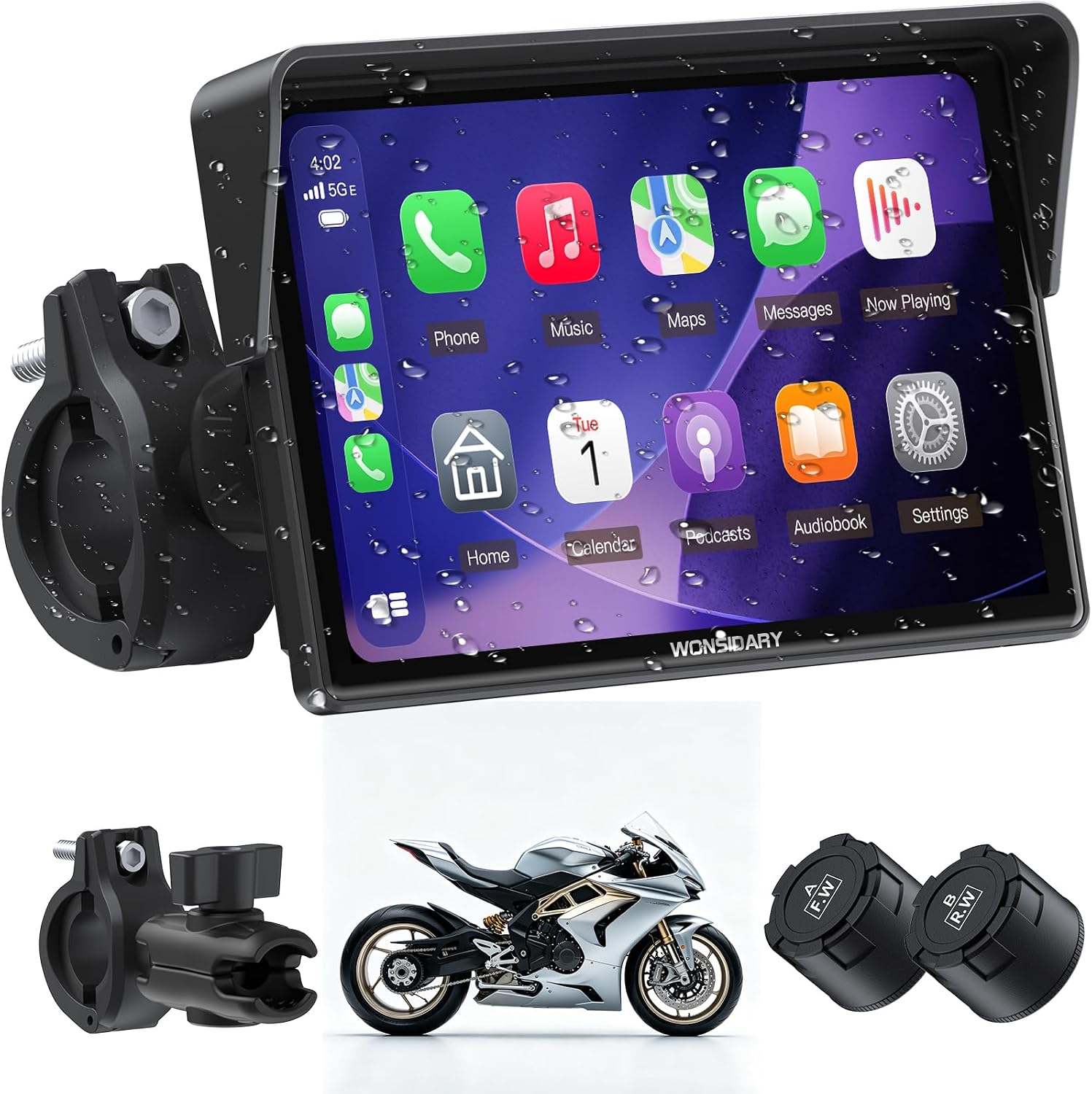 Detalle de Wonsidary W522TPMS: Schermo Moto CarPlay Wireless da 5'' con TPMS, IP67 e Audio Bluetooth Doppio