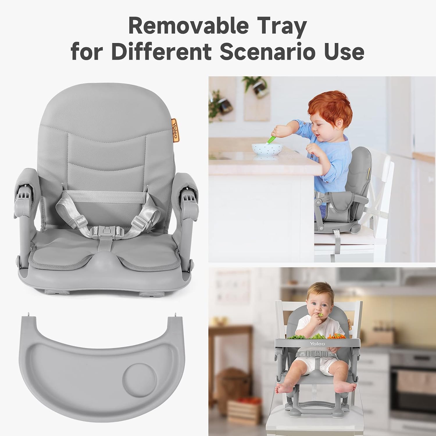 Detalle de YOLEO Foldable Booster Seat with 4 Heights, Removable Tray and PU Cushion
