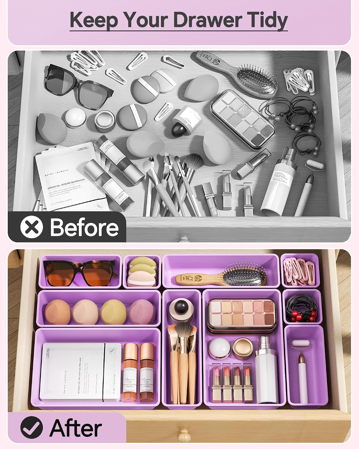 Detalle de KEMETHY H25-Purple 25-Piece Plastic Drawer Organizer Set, 4 Sizes