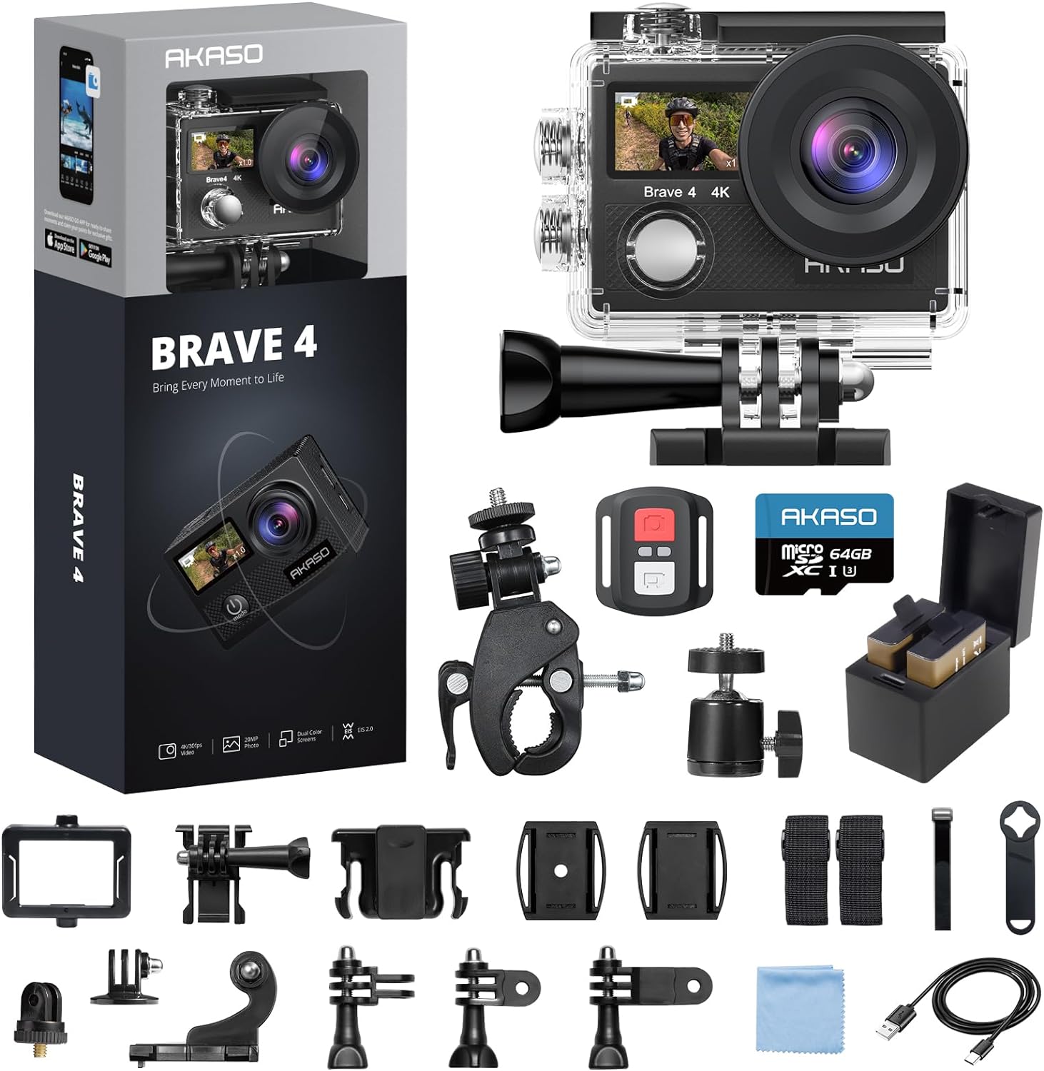 Detalle de AKASO Brave 4 4K30fps 20MP Action Camera with Wi-Fi and 64GB Card
