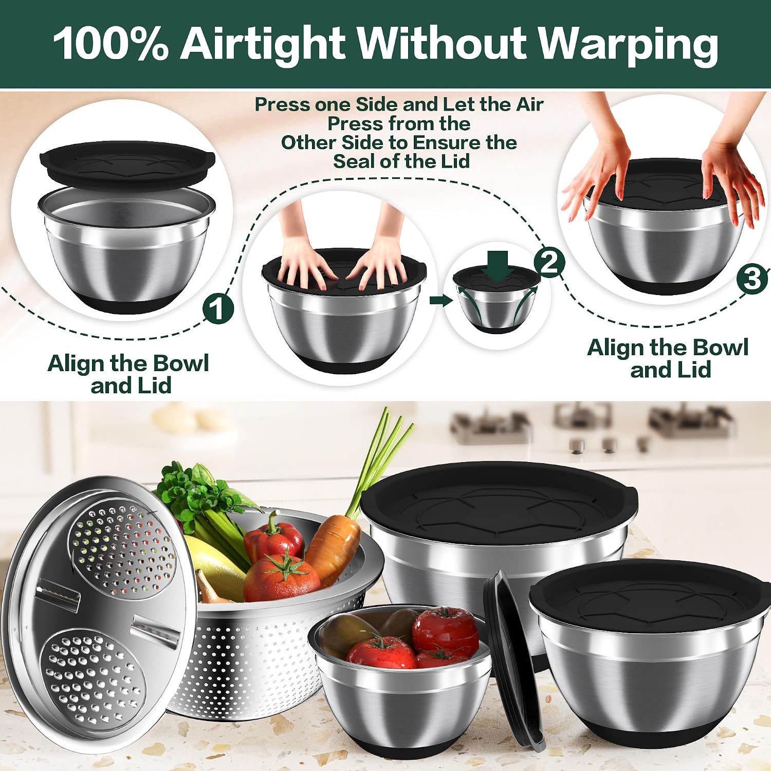 Detalle 2 de Nicdiet Mixing Bowls 1.5 2.5 5 QT Stainless Set