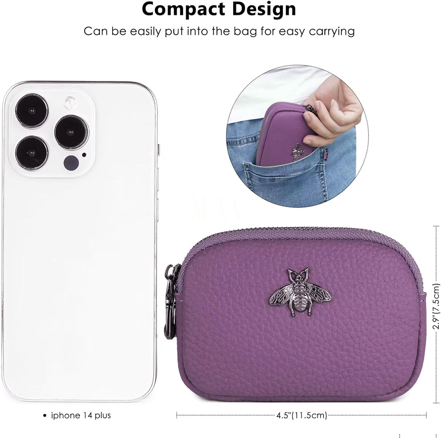 Thumbnail 4 de MAVHVAM Ladies Genuine Leather Small Purse – Purple Mini Coin Wallet with Double Zip