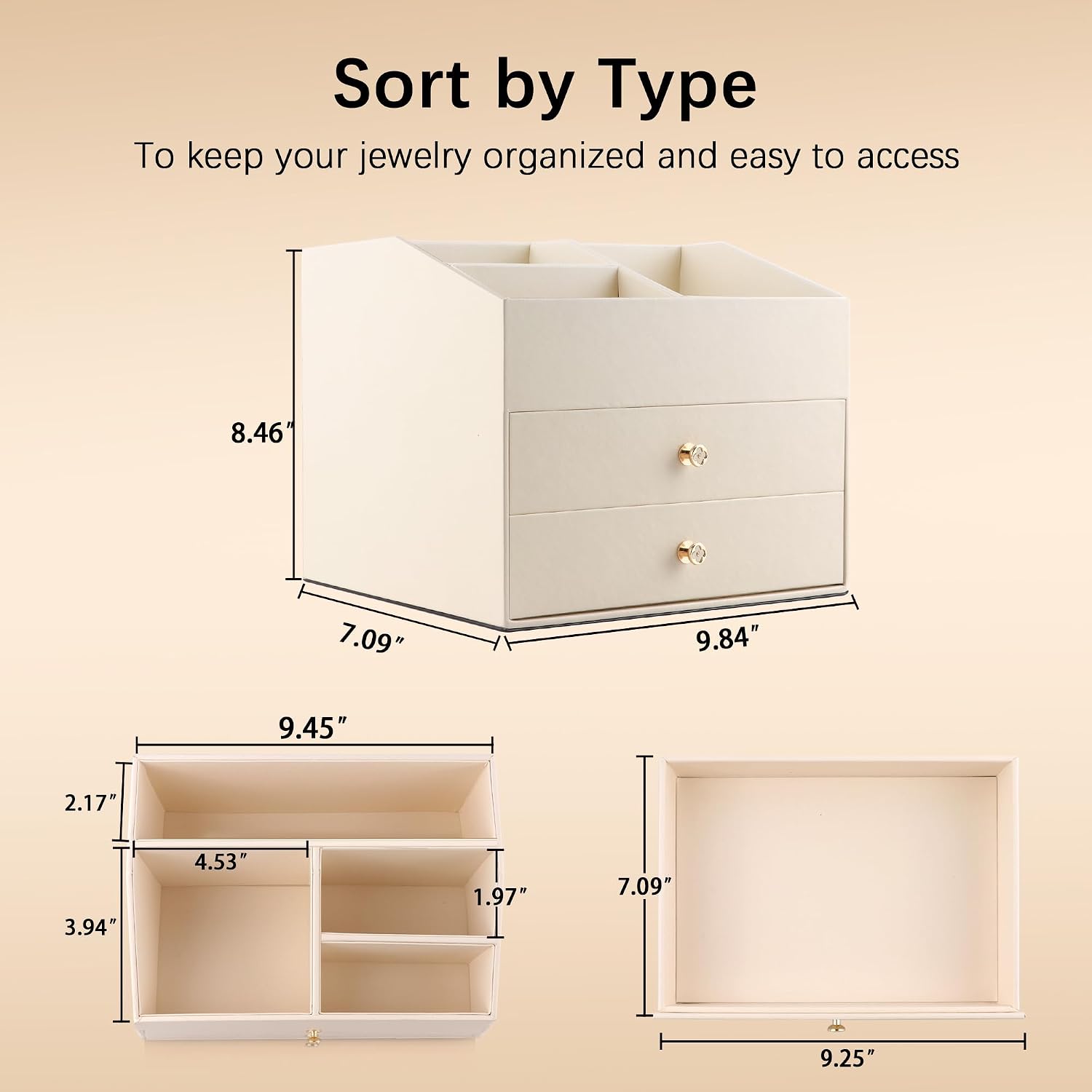 Thumbnail 3 de Homeanda Faux Leather Makeup Organiser with 2 Drawers (Beige, 25x18x21.5cm)