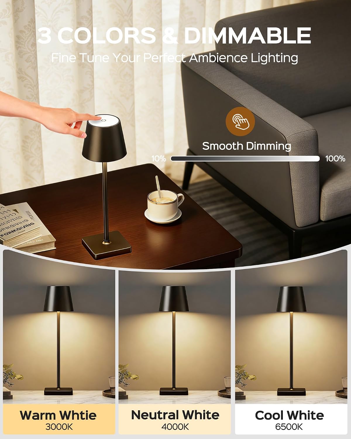 Detalle de FIONSUN TL002-GD2P-FNCA Cordless LED Table Lamp, Touch Dimming, Black