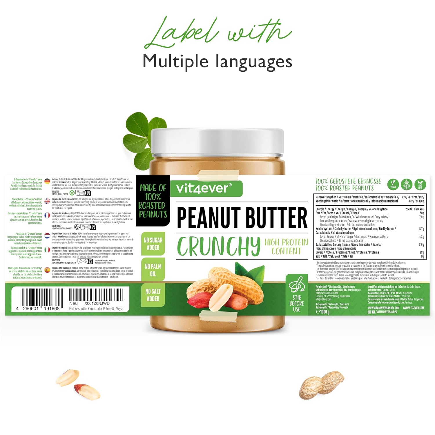 Detalle 2 de Erdnussbutter Crunchy 1kg natürliches Peanut Butter ohne Zusätze