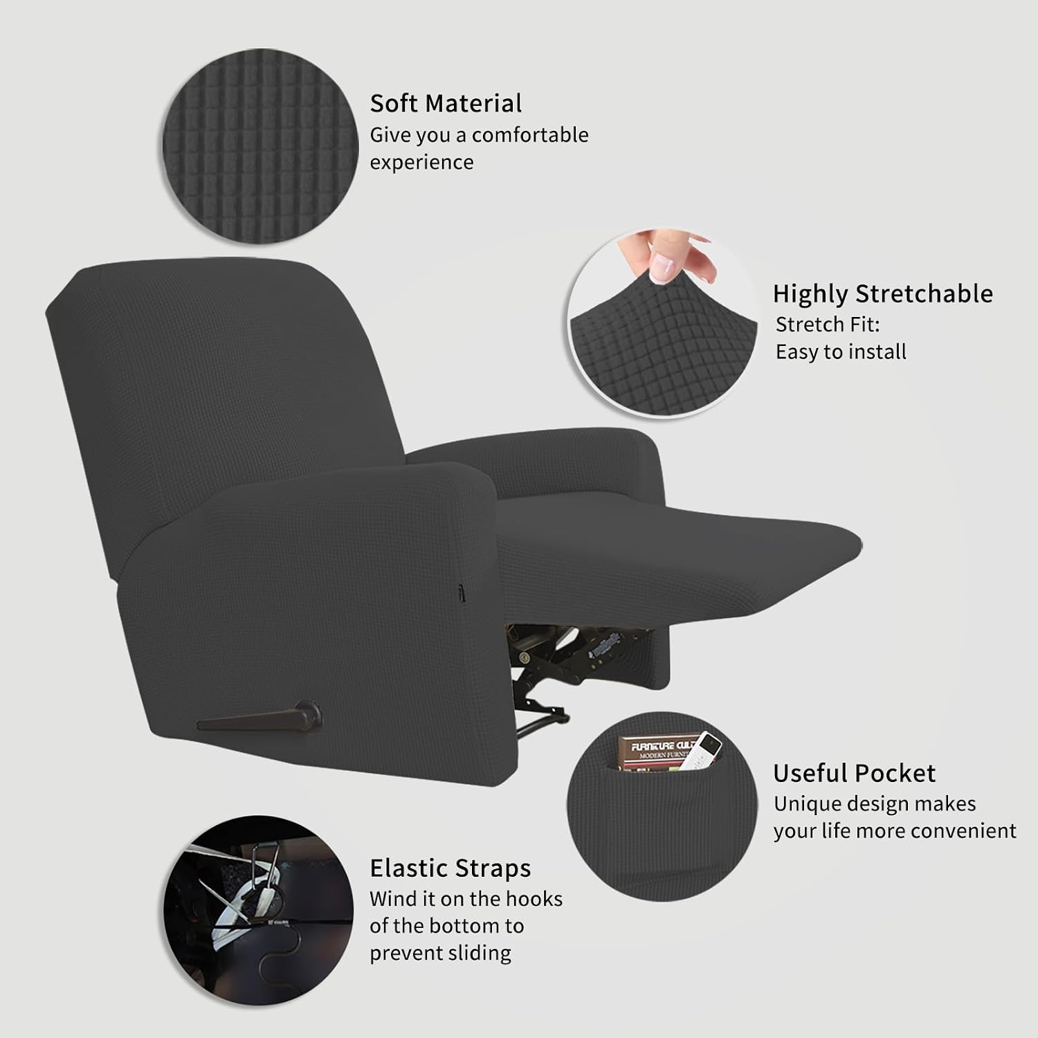Thumbnail 2 de Easy-Going Recliner Stretch Sofa Slipcover (4-Piece) in Dark Gray, Spandex Jacquard Small Checks