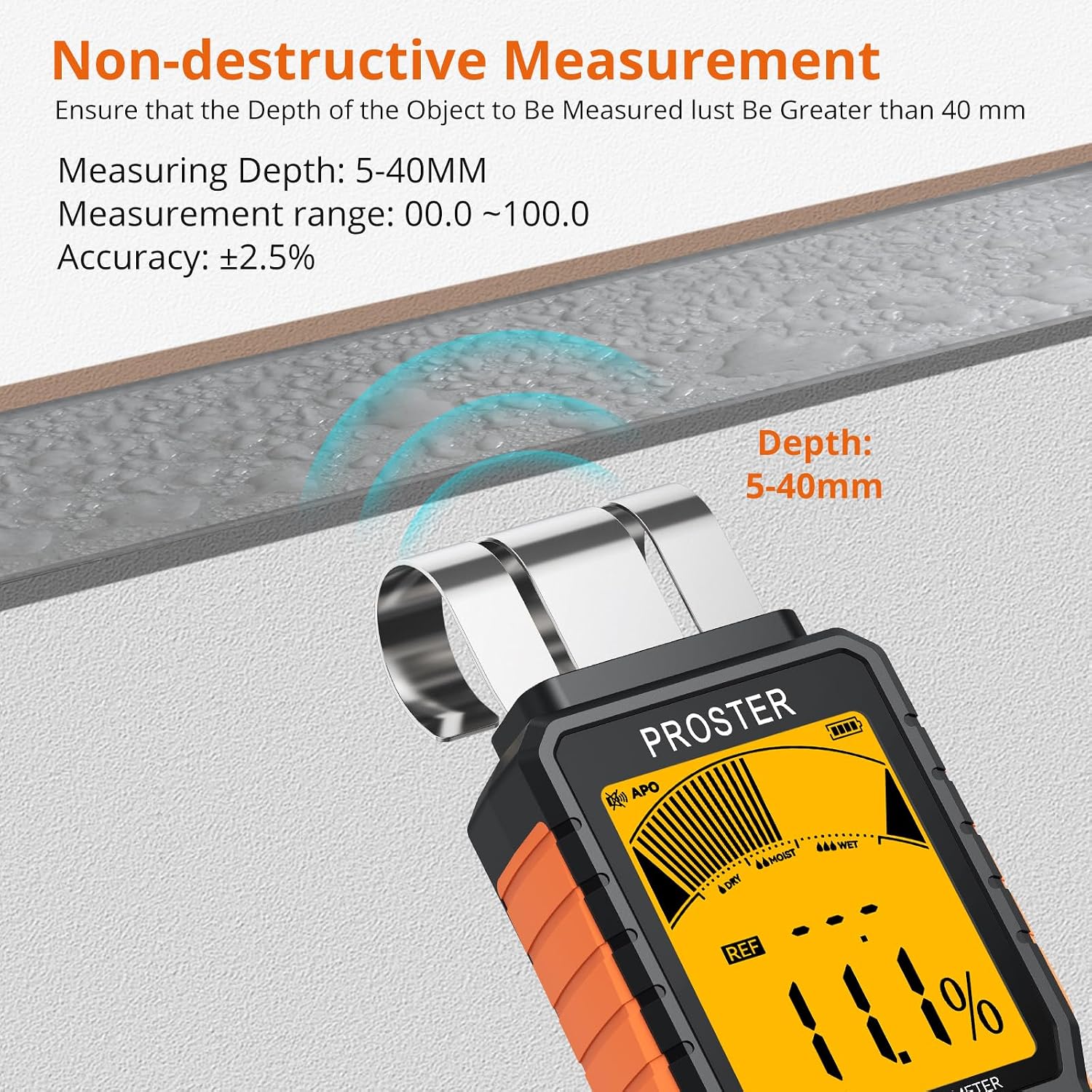 Detalle 2 de Proster PST276-US Pinless Damp Meter, 5 Modes, 5–40 mm Scan Depth