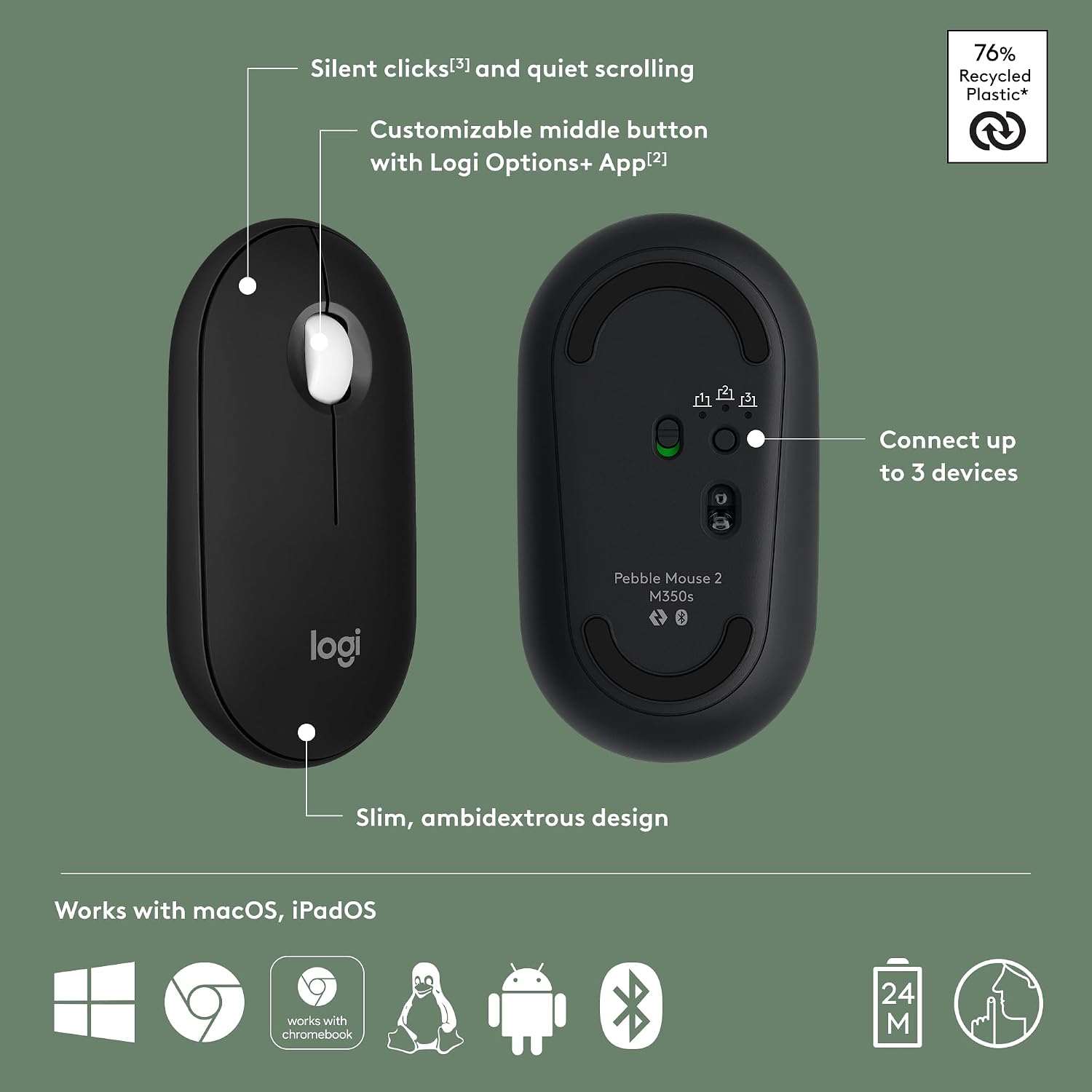 Detalle de Logitech Pebble Mouse 2 M350s Bluetooth Mouse, Slim and Quiet, Black