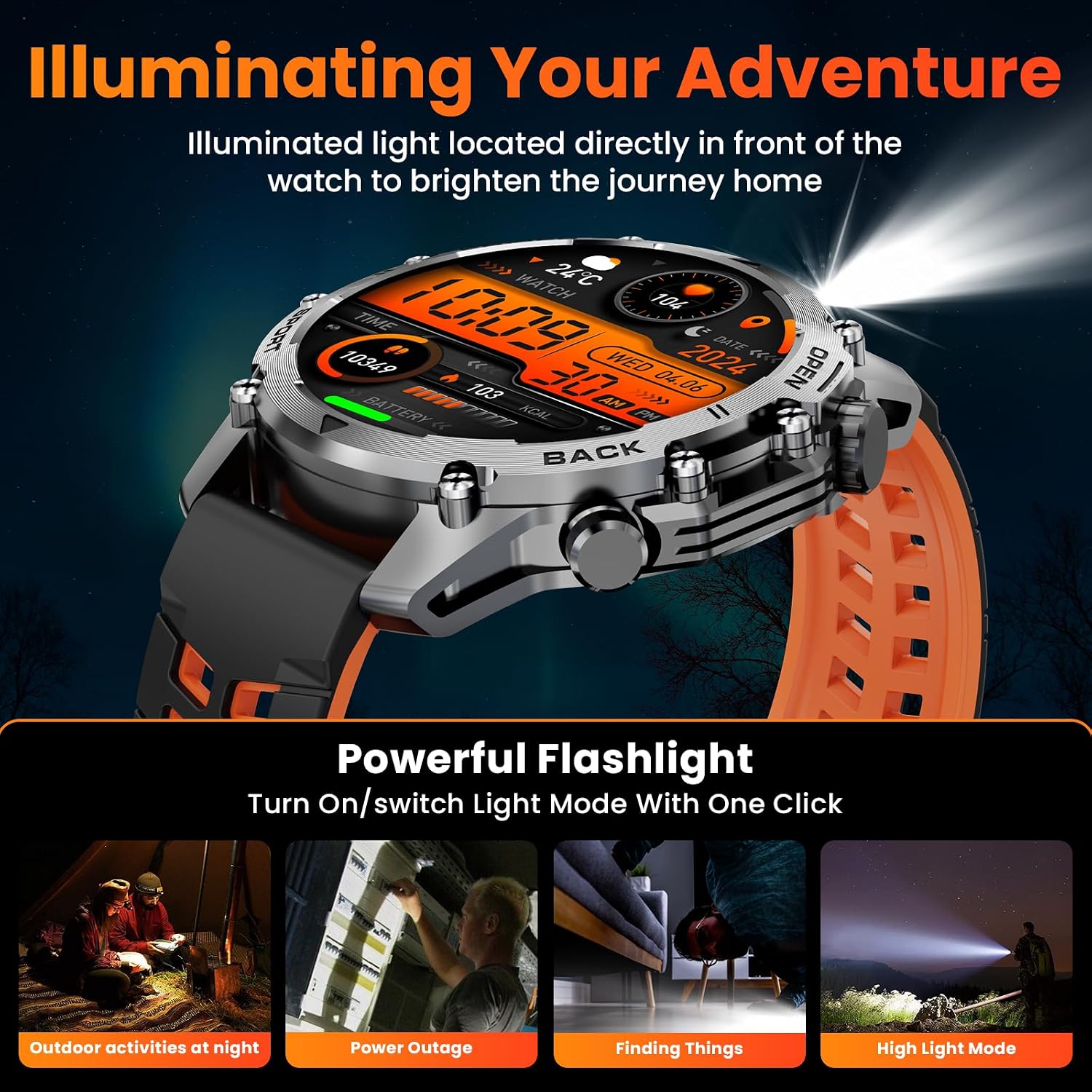Detalle 2 de Hwagol Military Smart Watch for Men with 1.52" HD Touch Display, Heart Rate/SpO2/Sleep Monitoring and Torch