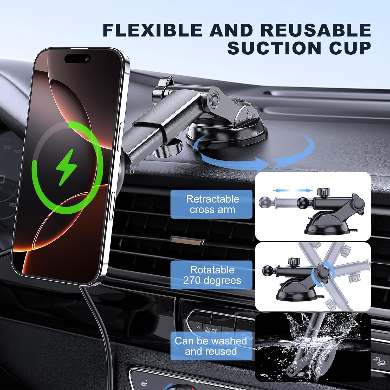 Thumbnail 4 de MOKPR 15W Support Téléphone Voiture Magnétique avec Charge MagSafe et Ajustement 360°
