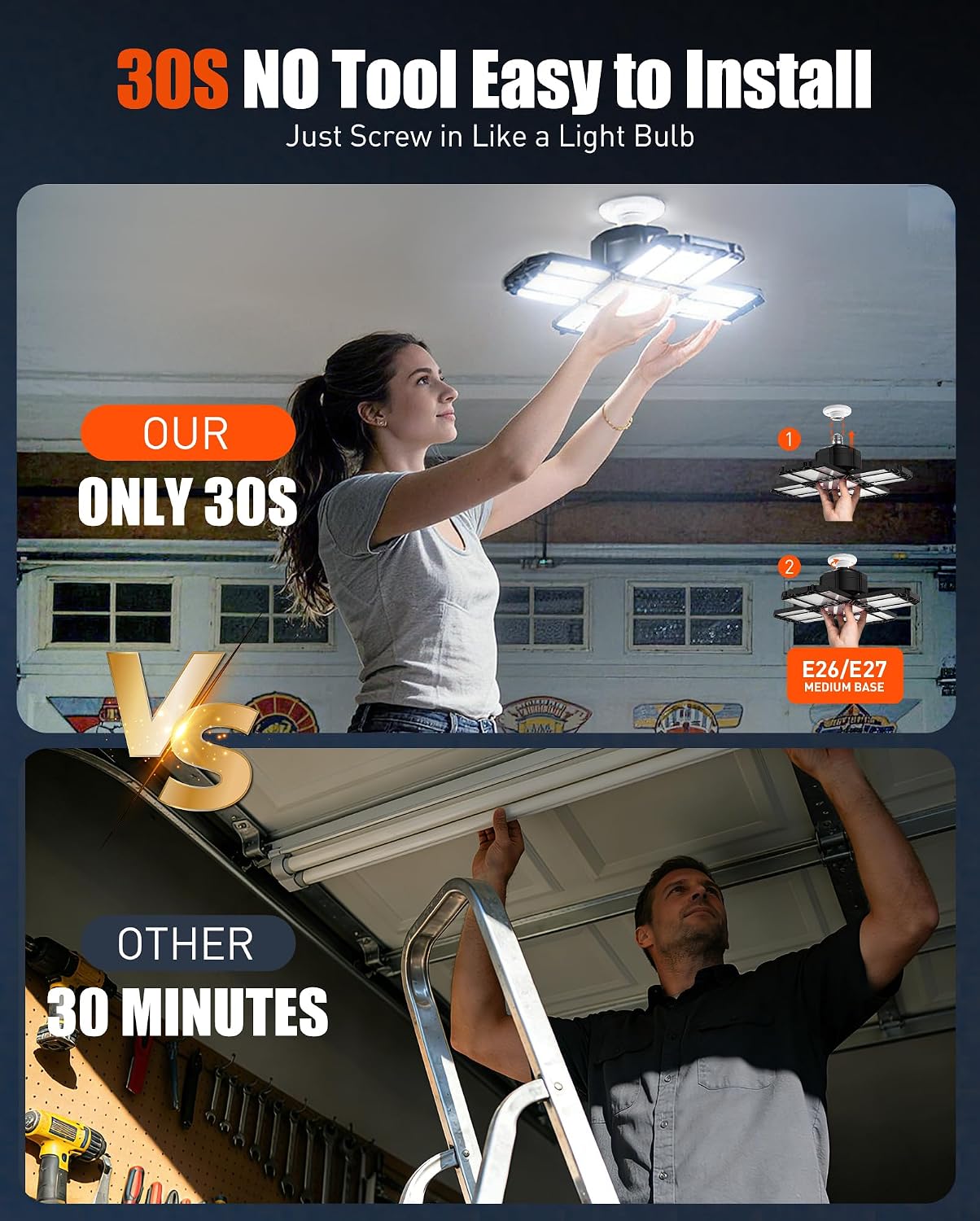Detalle 2 de 200W LED Garage Light 1 Pack (20000LM, 6500K) with 12 Adjustable Panels for E26/E27 Bays