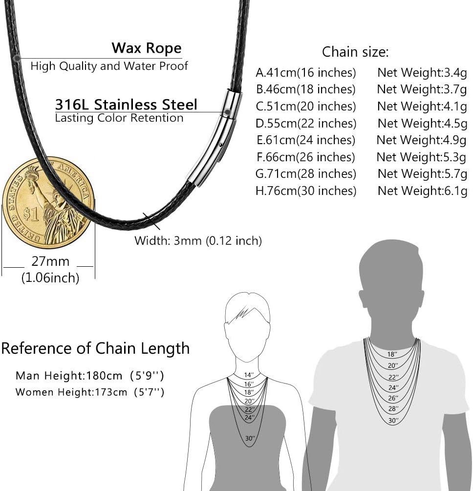 Thumbnail 4 de PROSTEEL Chaîne Collier Homme Noir 3 mm — Cordon en cire avec fermoir acier inoxydable 316L, longueurs 41–76 cm