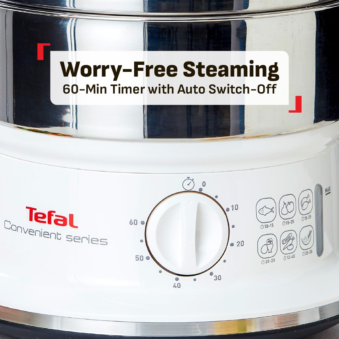 Detalle de Tefal VC1451 stoomkoker, 6 l, 2 roestvrijstalen schalen, 900 W