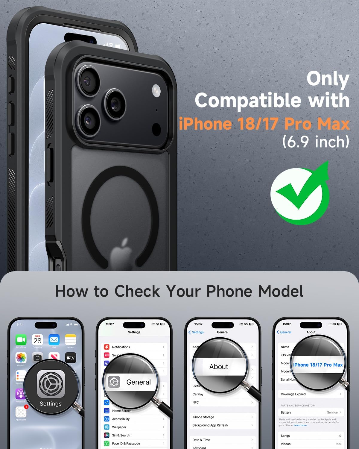 Detalle de seacosmo for 18 17 Pro Max Case, Matte Black, Built-In Glass & MagSafe Ring