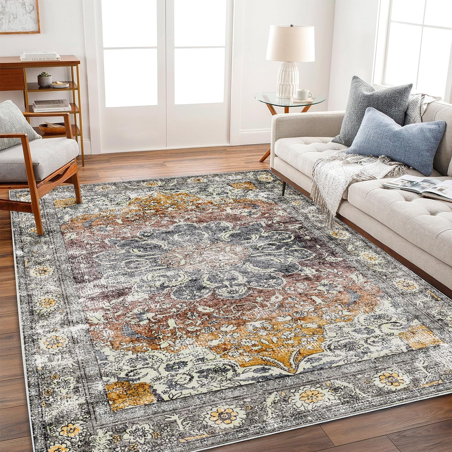 Detalle de CHAMPLANT 8x10 Washable Area Rug in Taupe Vintage Floral