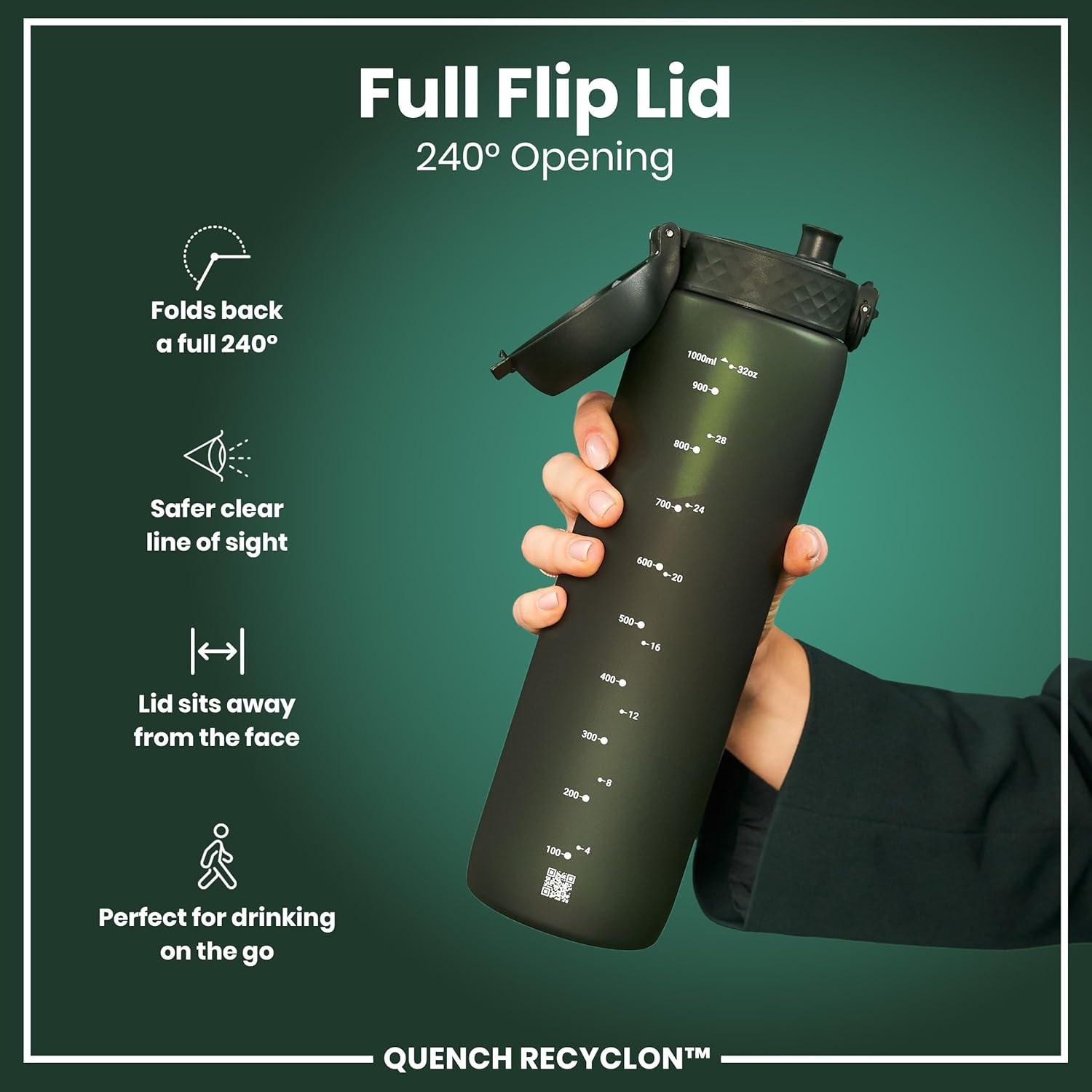 Thumbnail 3 de Ion8 1 Litre Water Bottle with Times to Drink – Leak-Proof, Flip Lid, BPA Free and Dishwasher Safe