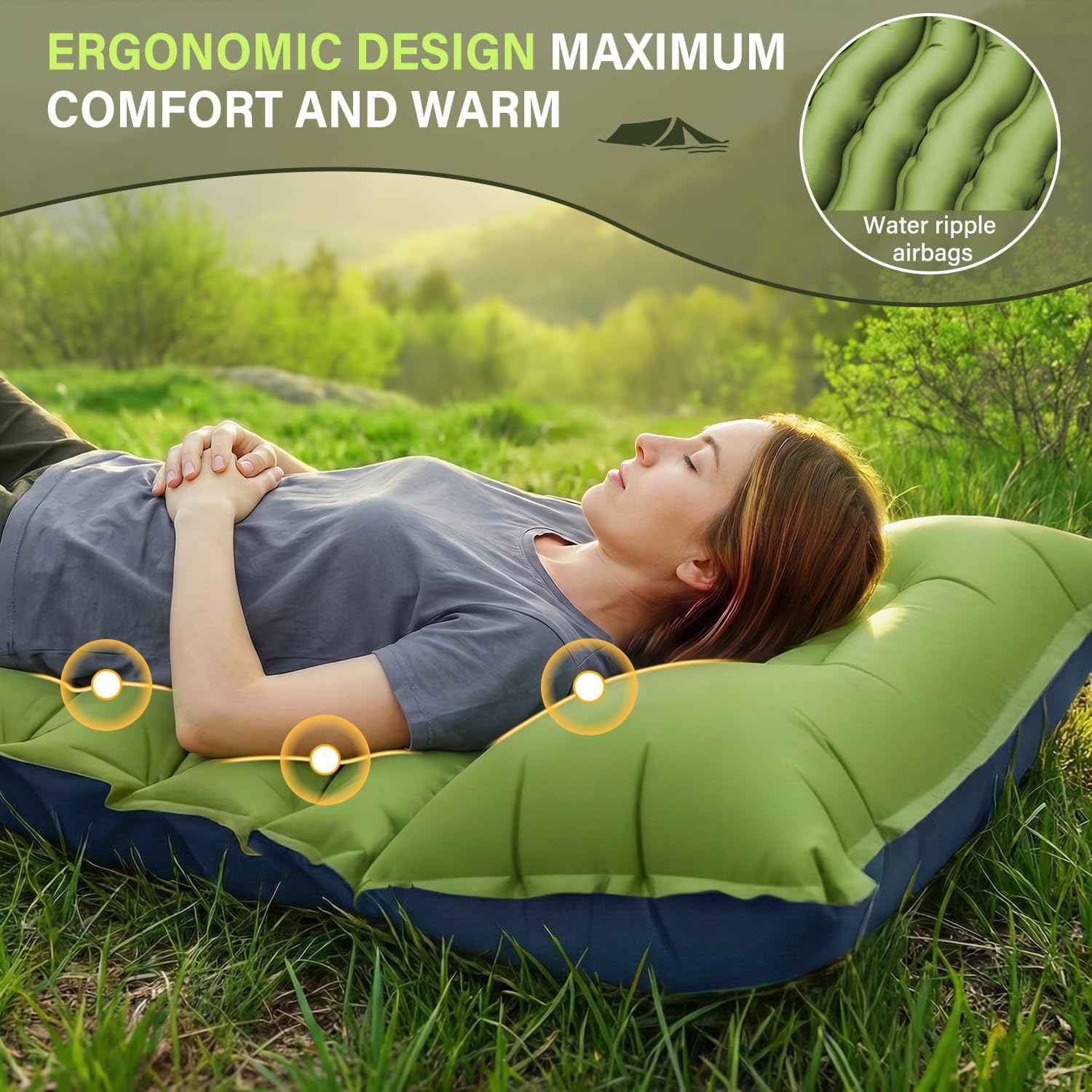 Detalle de FUN PAC Camping Sleeping Pad (Self-Inflating) w/ Built-in Foot Pump and Pillow, Single, Green