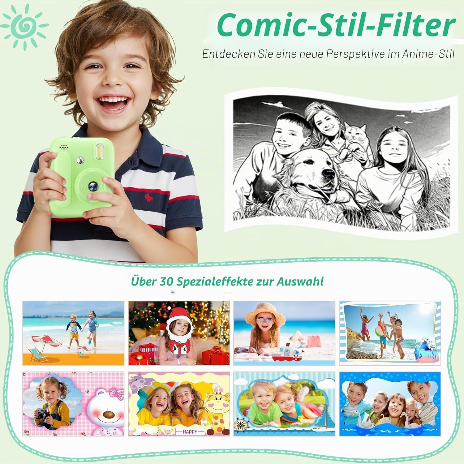 Detalle de Naxup Sofortbildkamera für Kinder – 1080P, Druckpapierfarben, 32GB & kreative Extras (Grün)