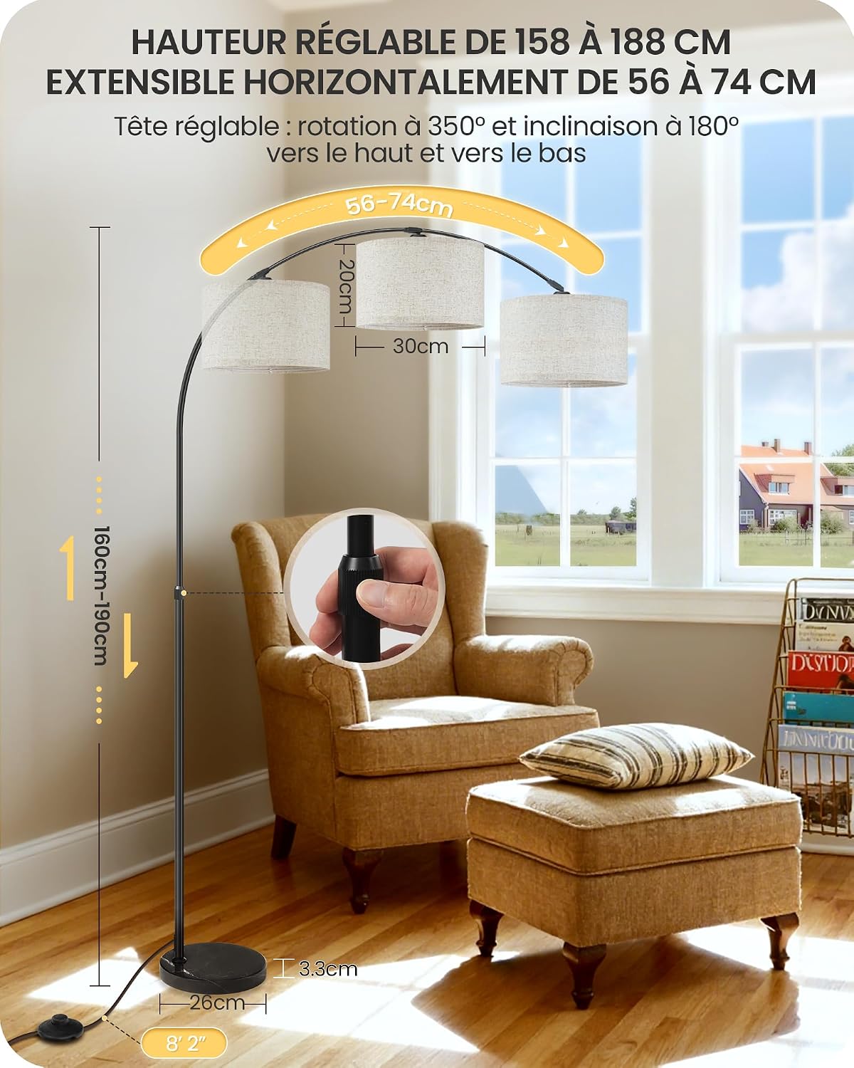 Detalle 2 de GOEBLESON ST-F31107 boogvloerlamp, beige-goud, verstelbaar en dimbaar