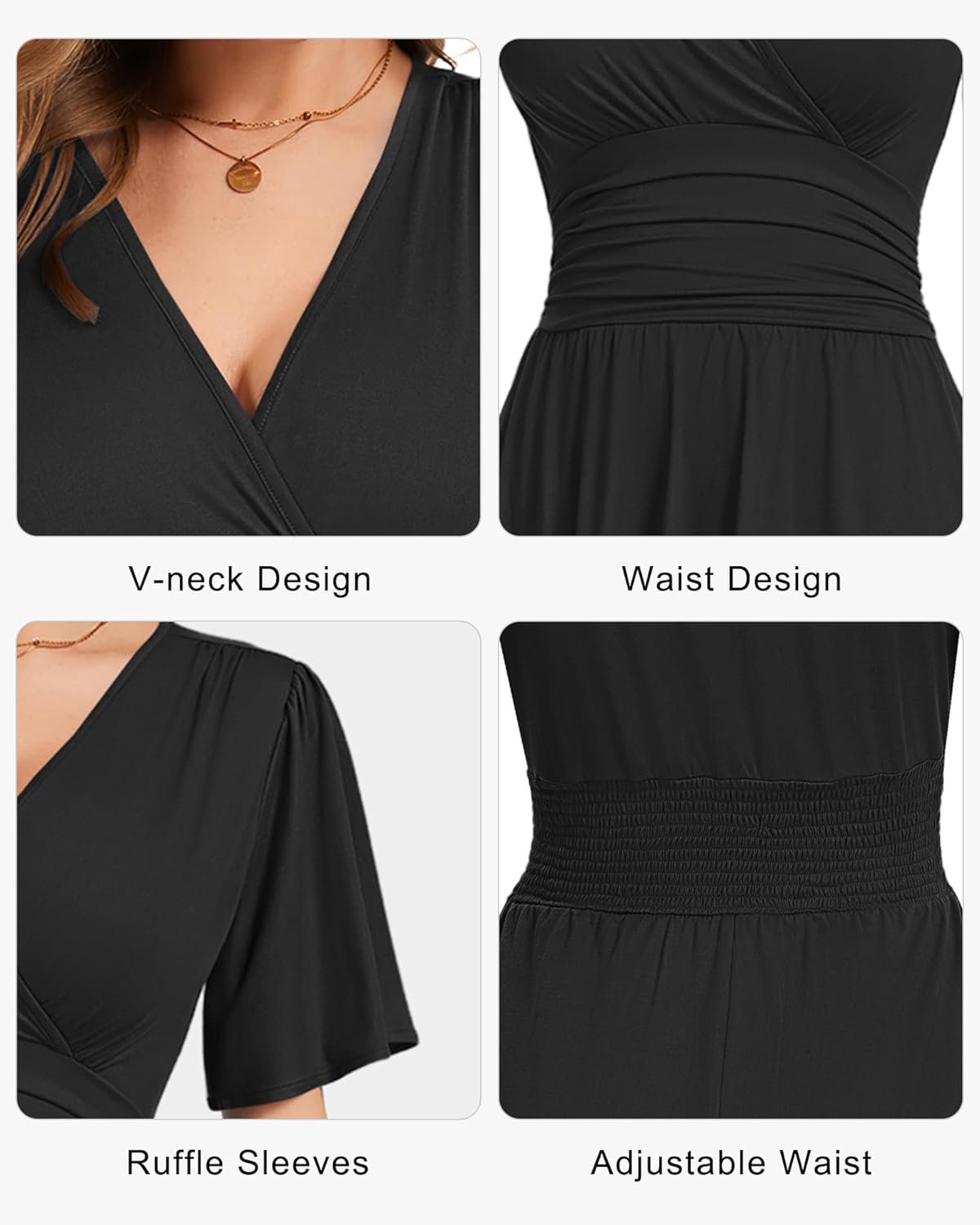 Detalle de WNEEDU Sommerkleider Damen Elegant Kleid mit Rüschenärmeln, Empire Taille und Taschen