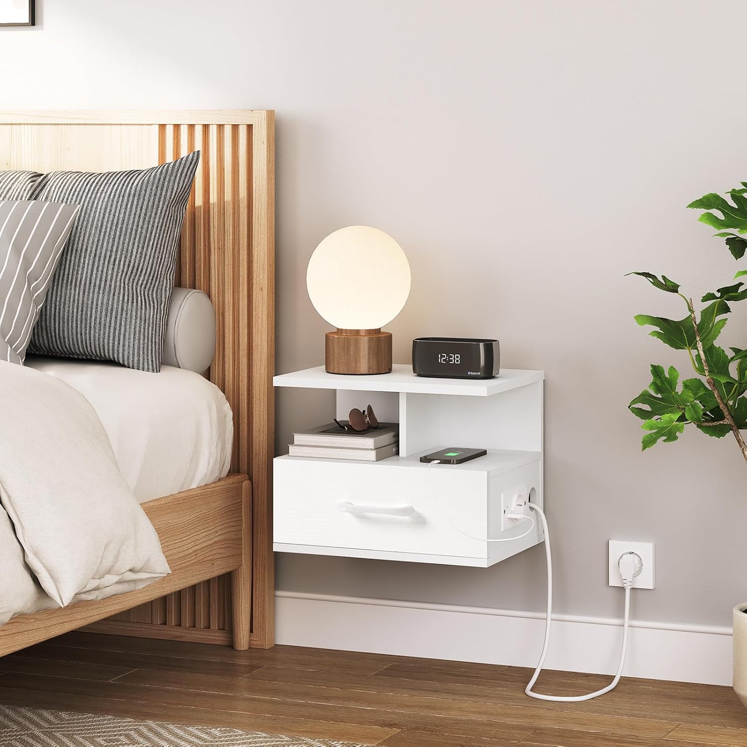 Detalle de HOOBRO Set di 2 Comodino Sospeso con Stazione di Ricarica e Cassetto - Bianco EWT127CBZP201