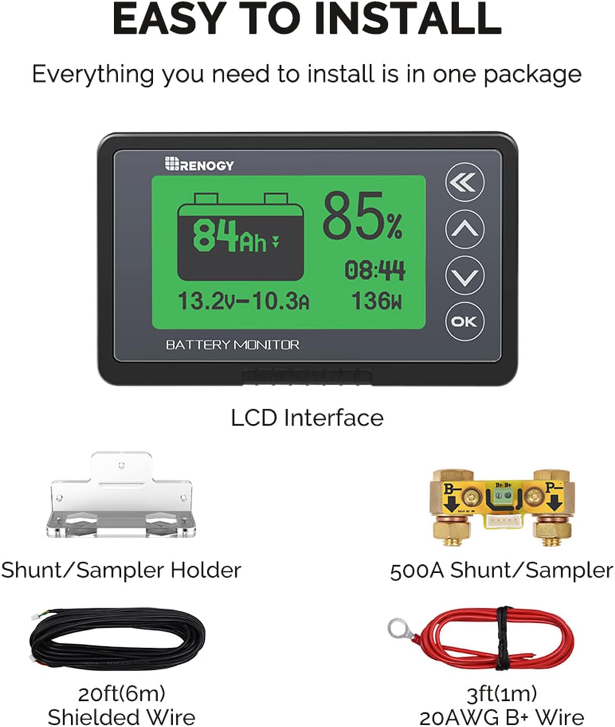 Detalle de Renogy 500A battery monitor with shunt, 10V-120V