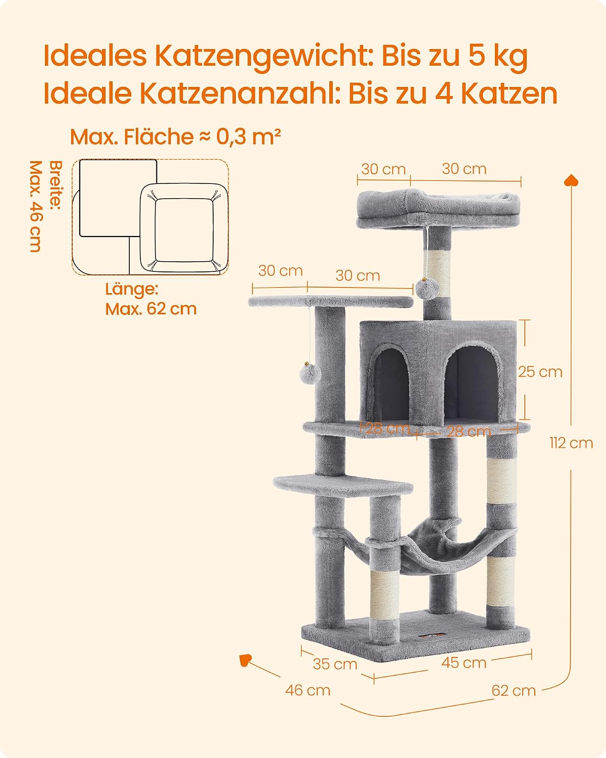 Thumbnail 6 de Feandrea Kratzbaum PCT261W01 (112 cm) mit 4 Kratzsäulen, 2 Plattformen und Hängematte