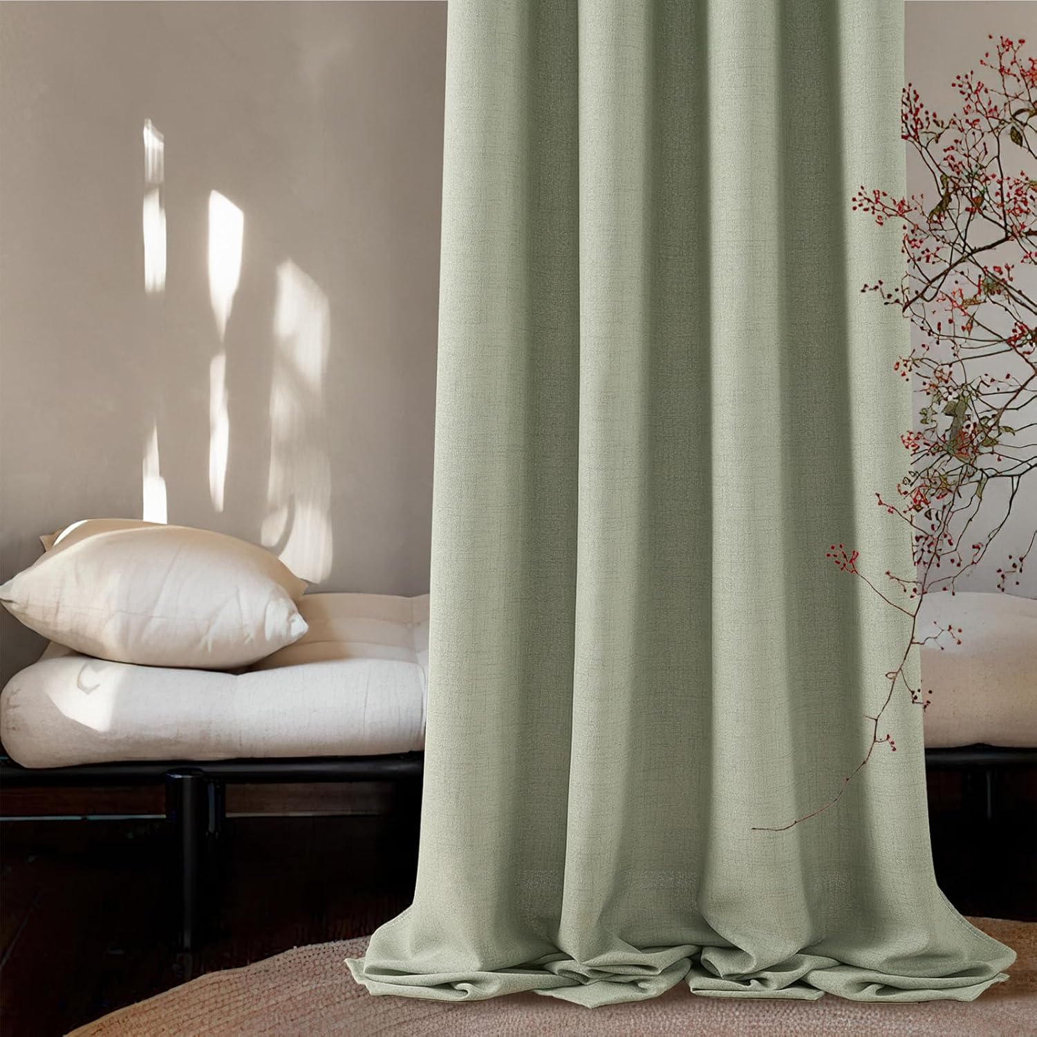 Thumbnail 3 de Lot de 2 voilages MRTREES en vert sauge avec œillets effet lin – 140x245 cm