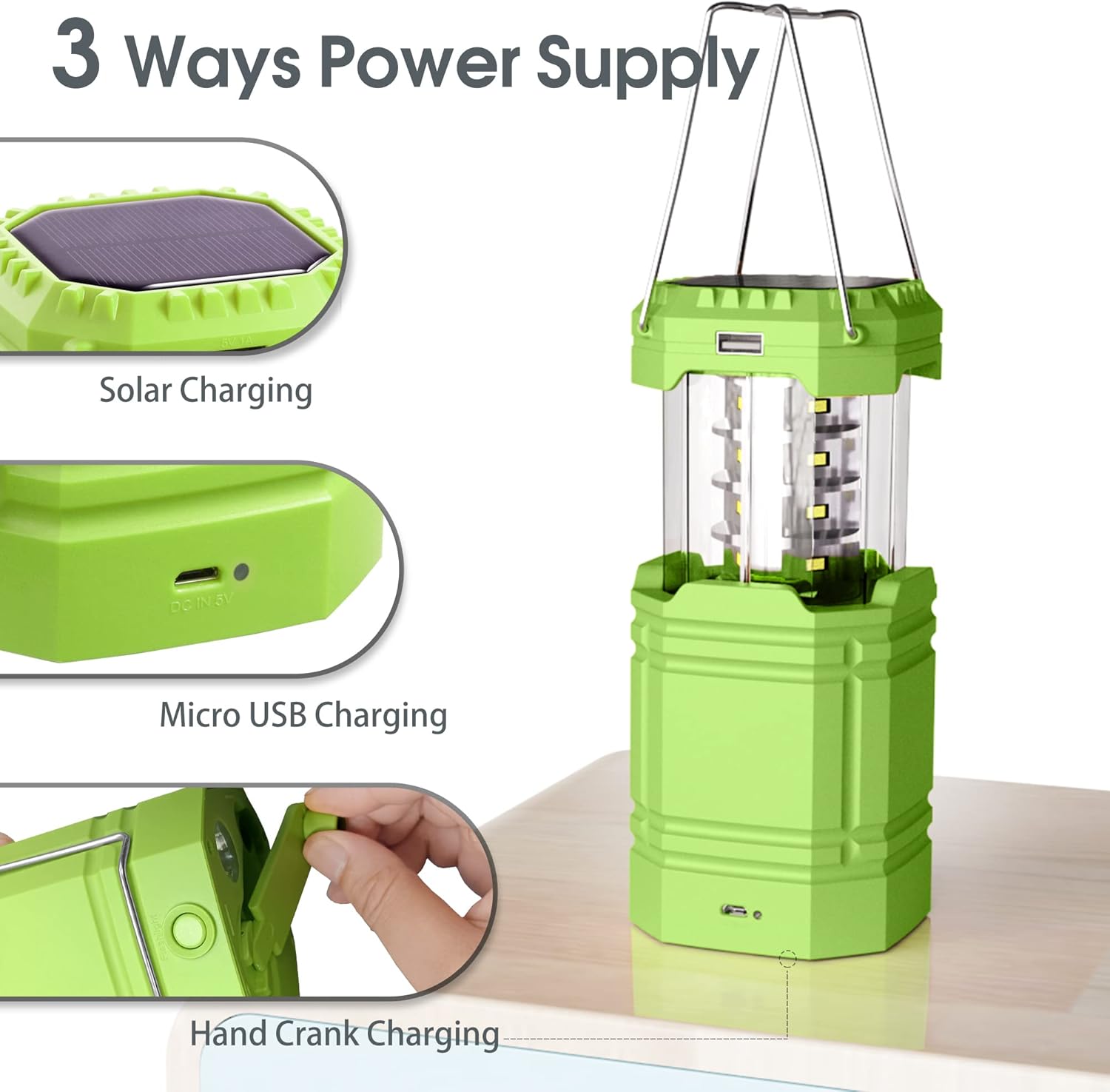 Thumbnail 1 de Lanterne de camping LED solaire à manivelle rechargeable 3000 mAh, 2 en 1 lanterne et lampe de poche