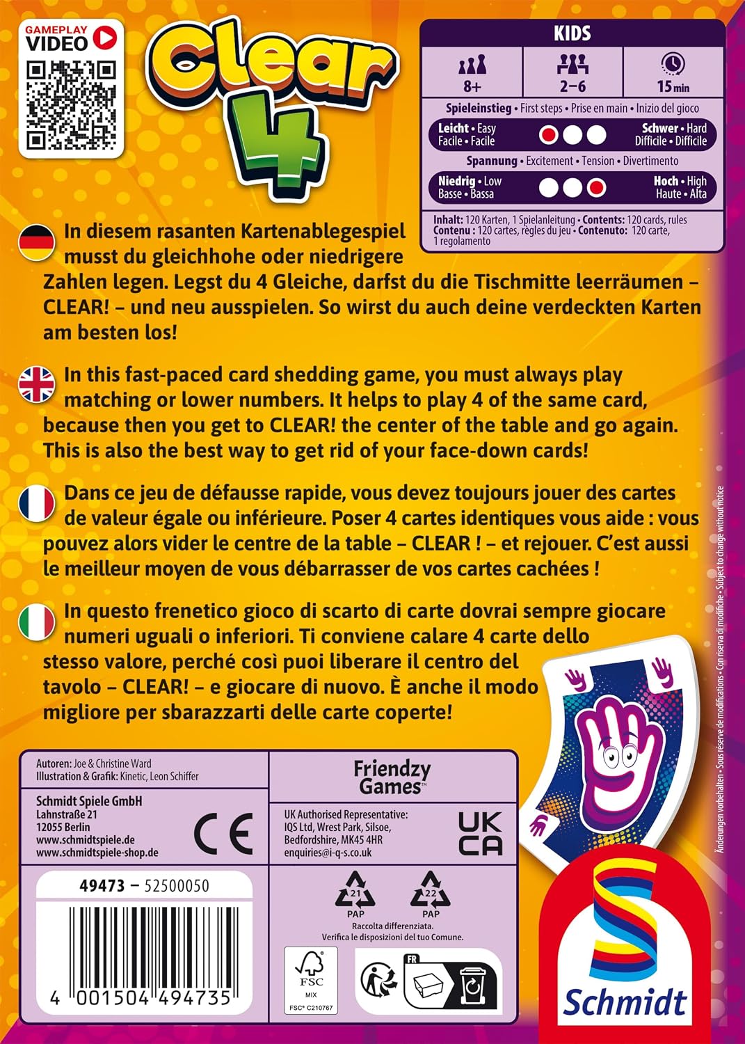 Detalle de Jeu de cartes Schmidt Spiele 49473 Clear 4 « Petit et Fin » (2 à 6 joueurs)