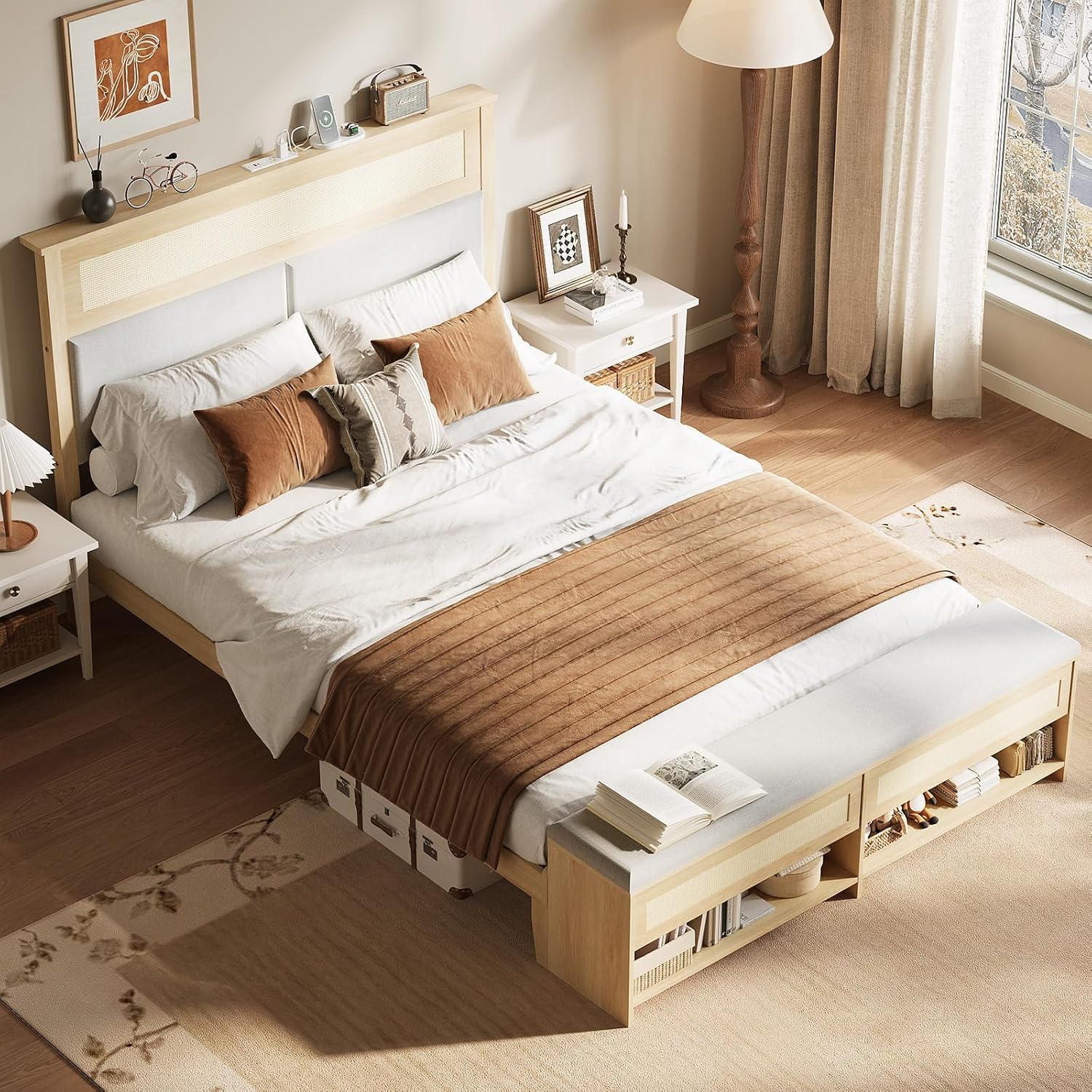 Detalle de VINGLI Full Bed Frame with Rattan Headboard
