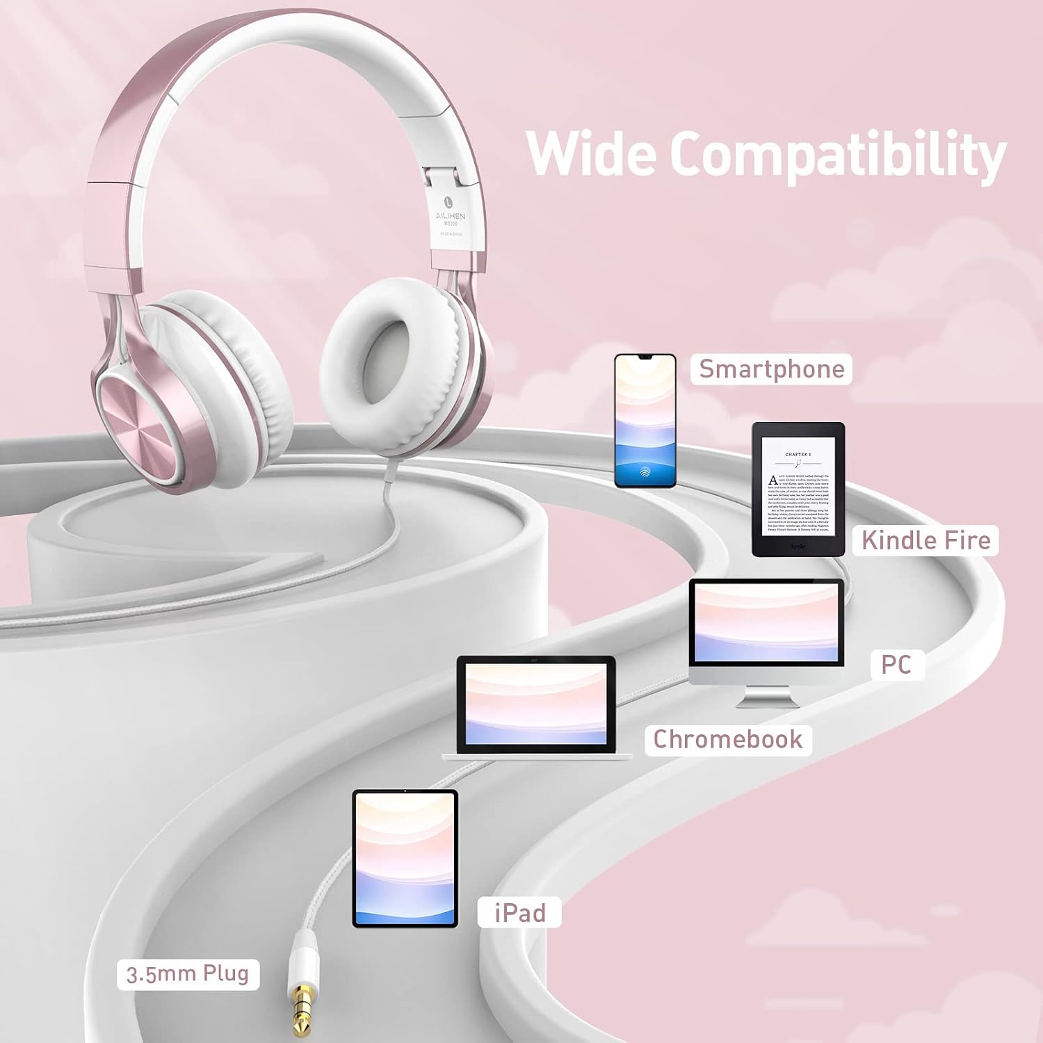 Detalle de AILIHEN Wired Headphones with Mic for Kids and Teens (Rose Gold)