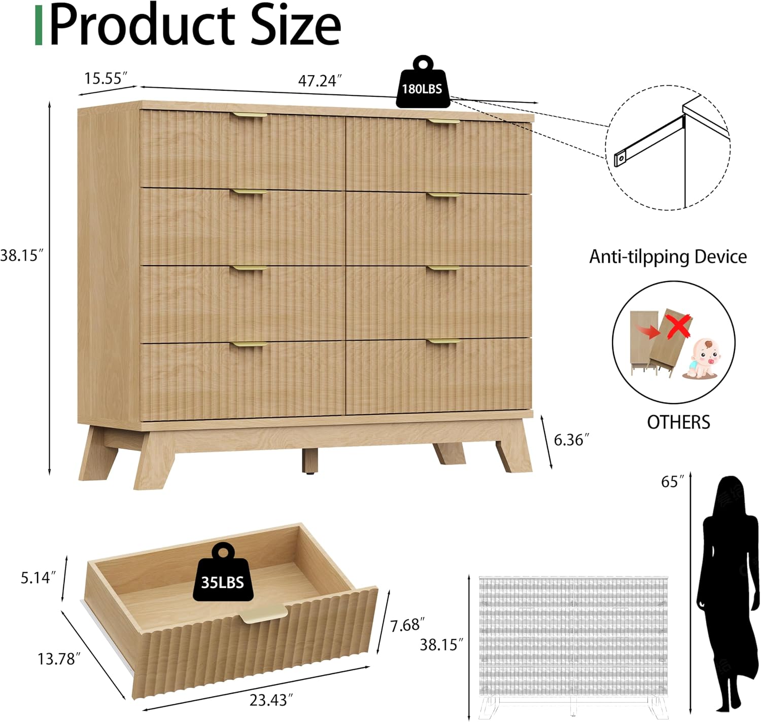Thumbnail 1 de Xixini HLG049-WR Fluted 8-Drawer Dresser in Natural Oak