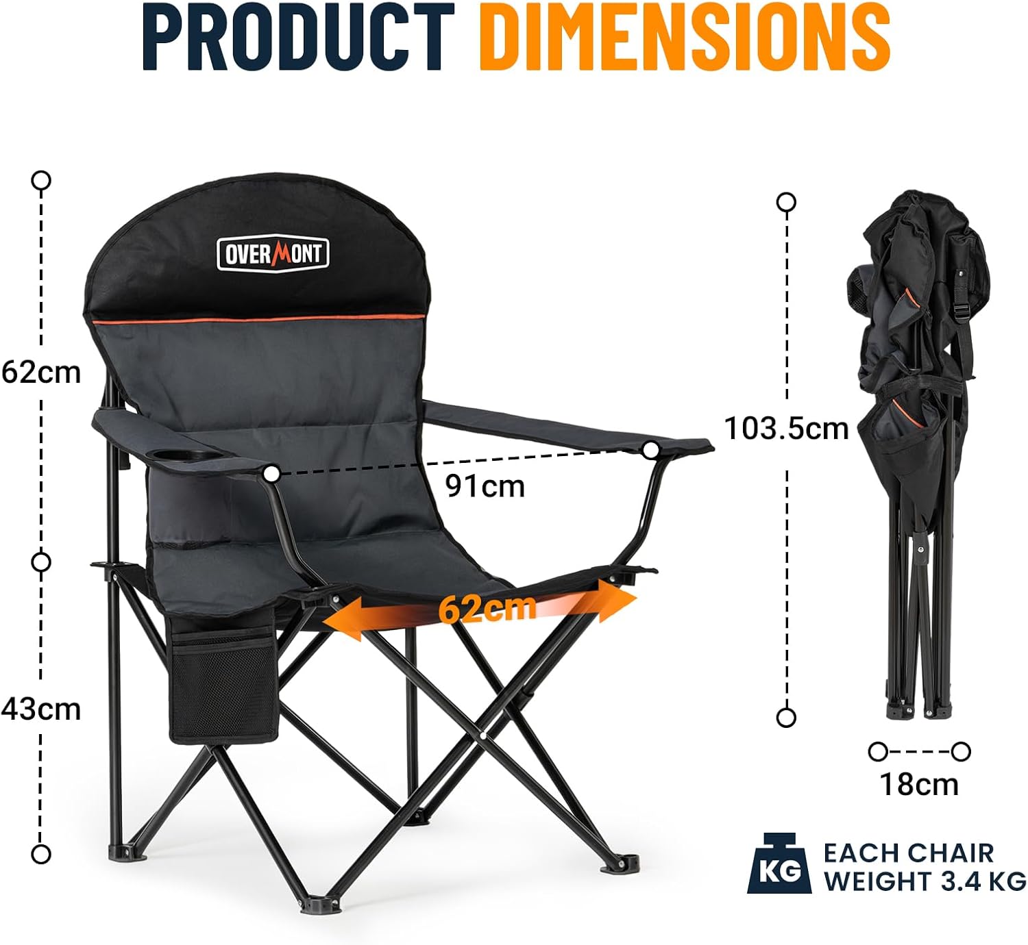 Thumbnail 2 de Overmont Sedia Pieghevole da Campeggio Portatile con Poggiatesta e Porta Bicchiere – supporta fino a 150 kg