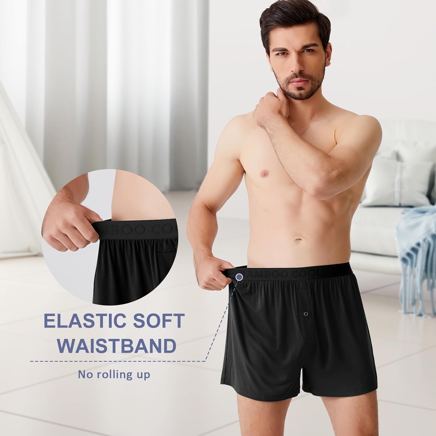 Detalle de BAMBOO COOL Bamboo Viscose Boxer Shorts for Men (Soft, Breathable Knit) — 3 or 5 Pack