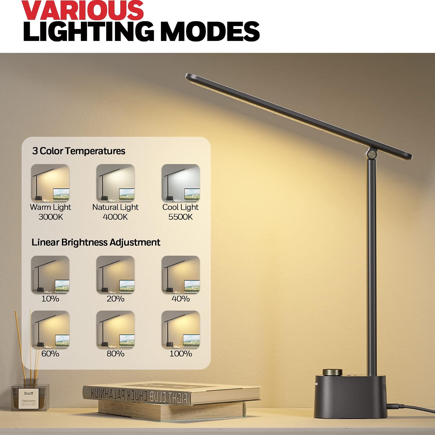 Detalle de Honeywell HWT-H01 LED Desk Lamp, Foldable, Dimmable, Black with USB Ports