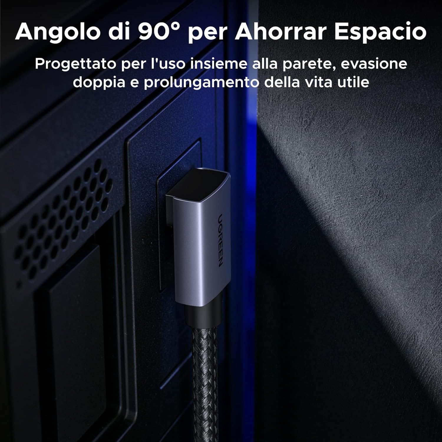 Detalle de UGREEN 16K Cavo DisplayPort 90° DP 2.1 – 16K@60Hz, 8K@120Hz, 80Gbps, alluminio intrecciato